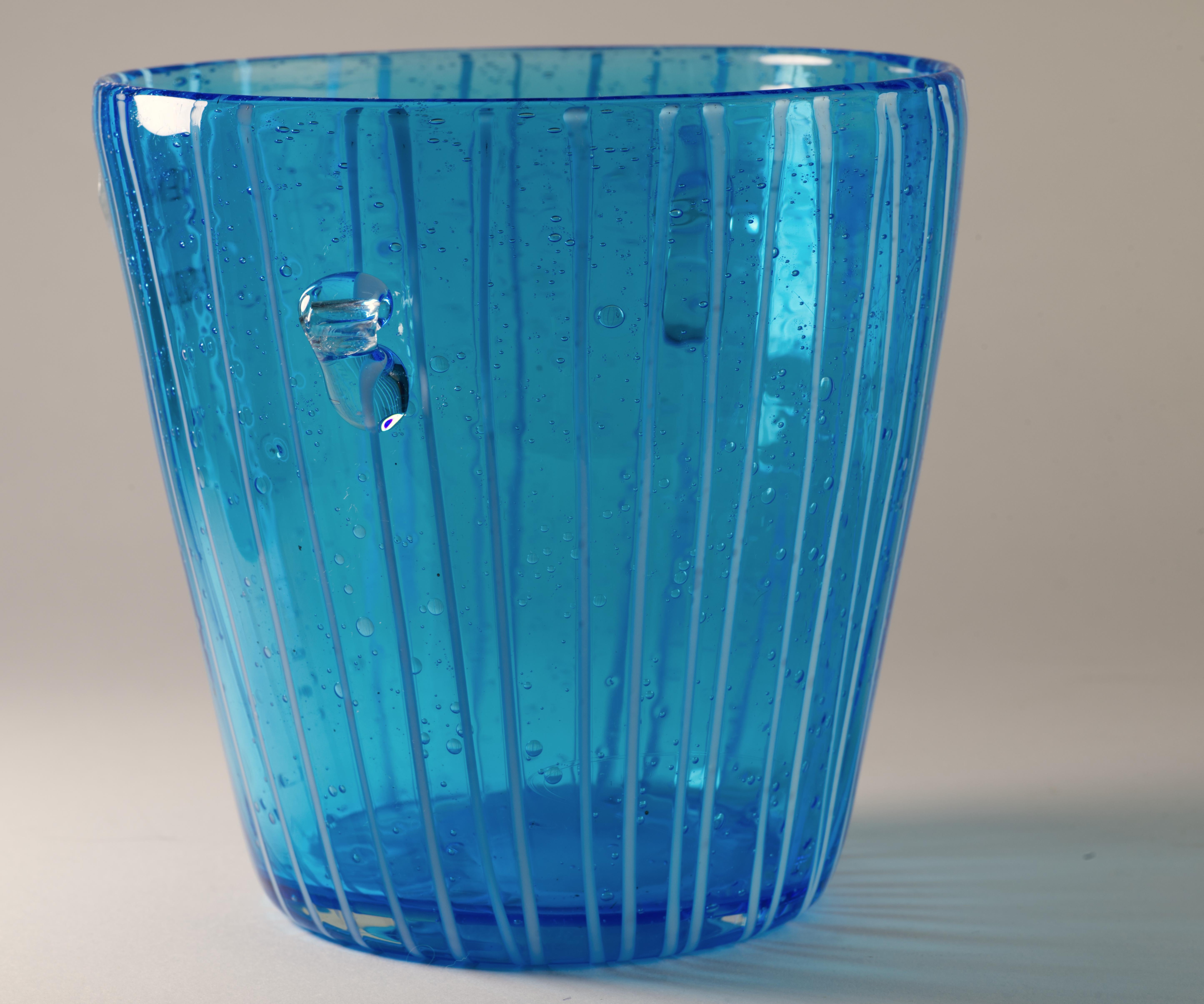 Italian Venini for Disaronno Blue and White Fused Glass Ice Bucket, Murano Italy For Sale