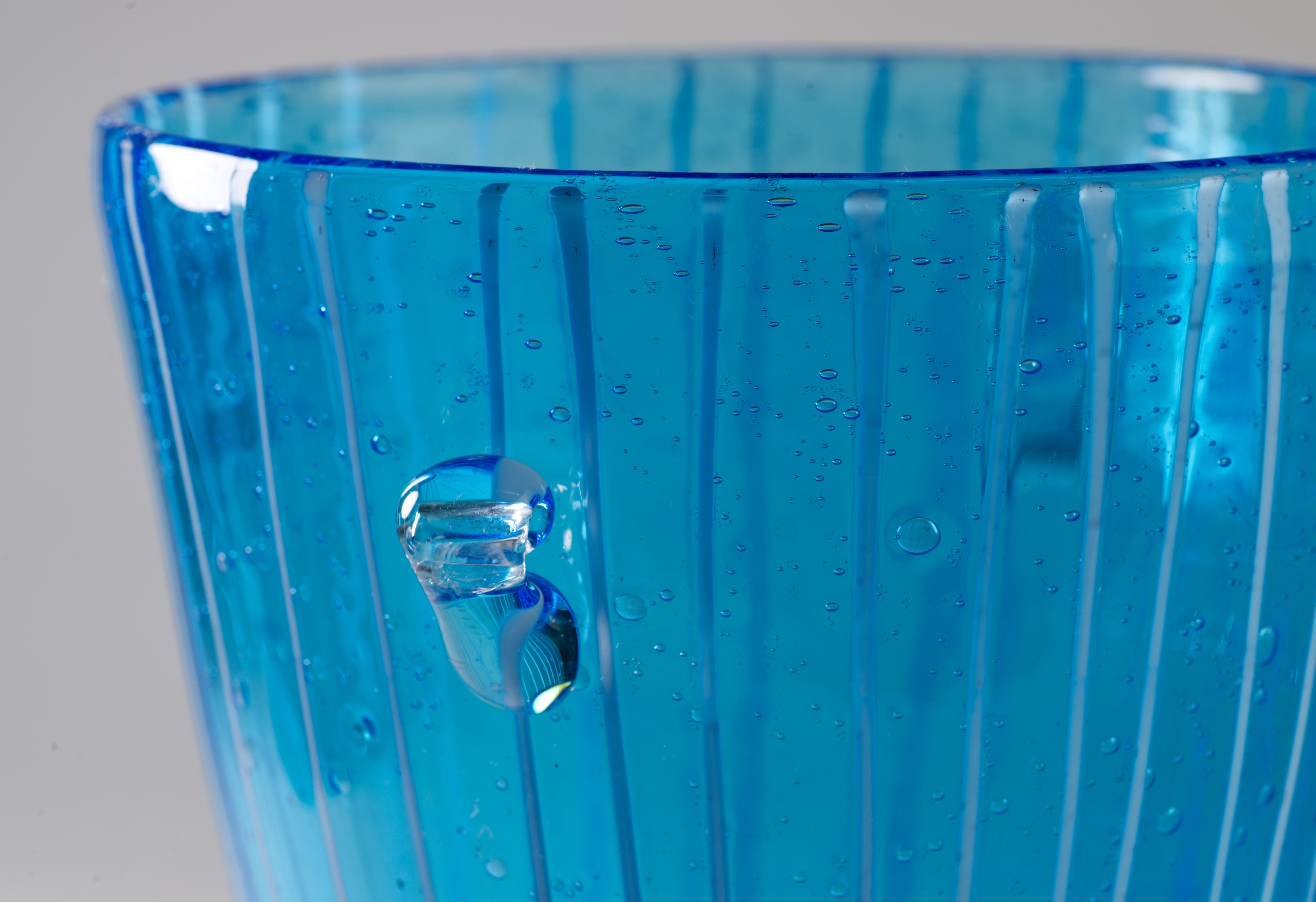 Hand-Crafted Venini for Disaronno Blue and White Fused Glass Ice Bucket, Murano Italy For Sale