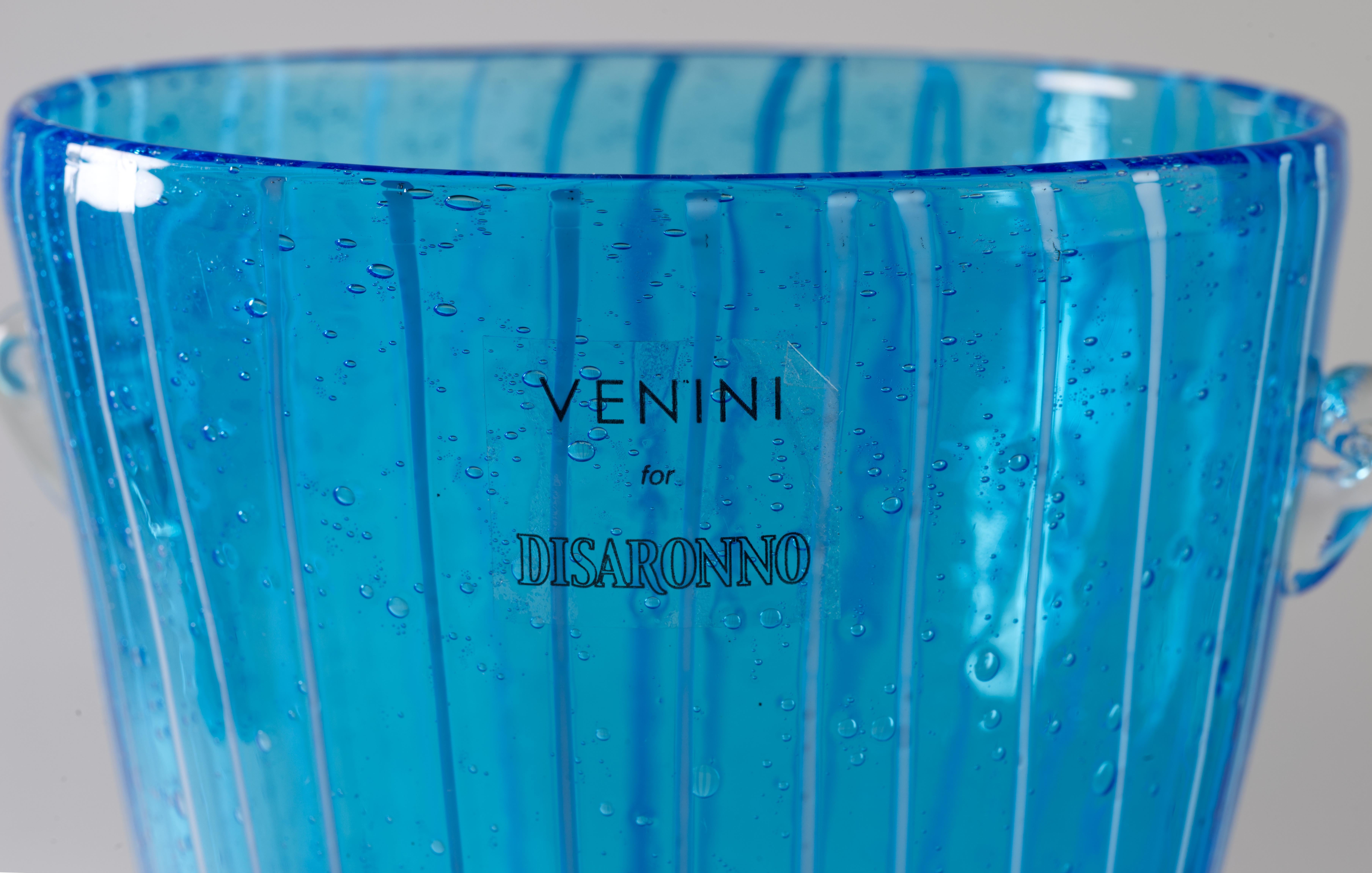 20th Century Venini for Disaronno Blue and White Fused Glass Ice Bucket, Murano Italy For Sale