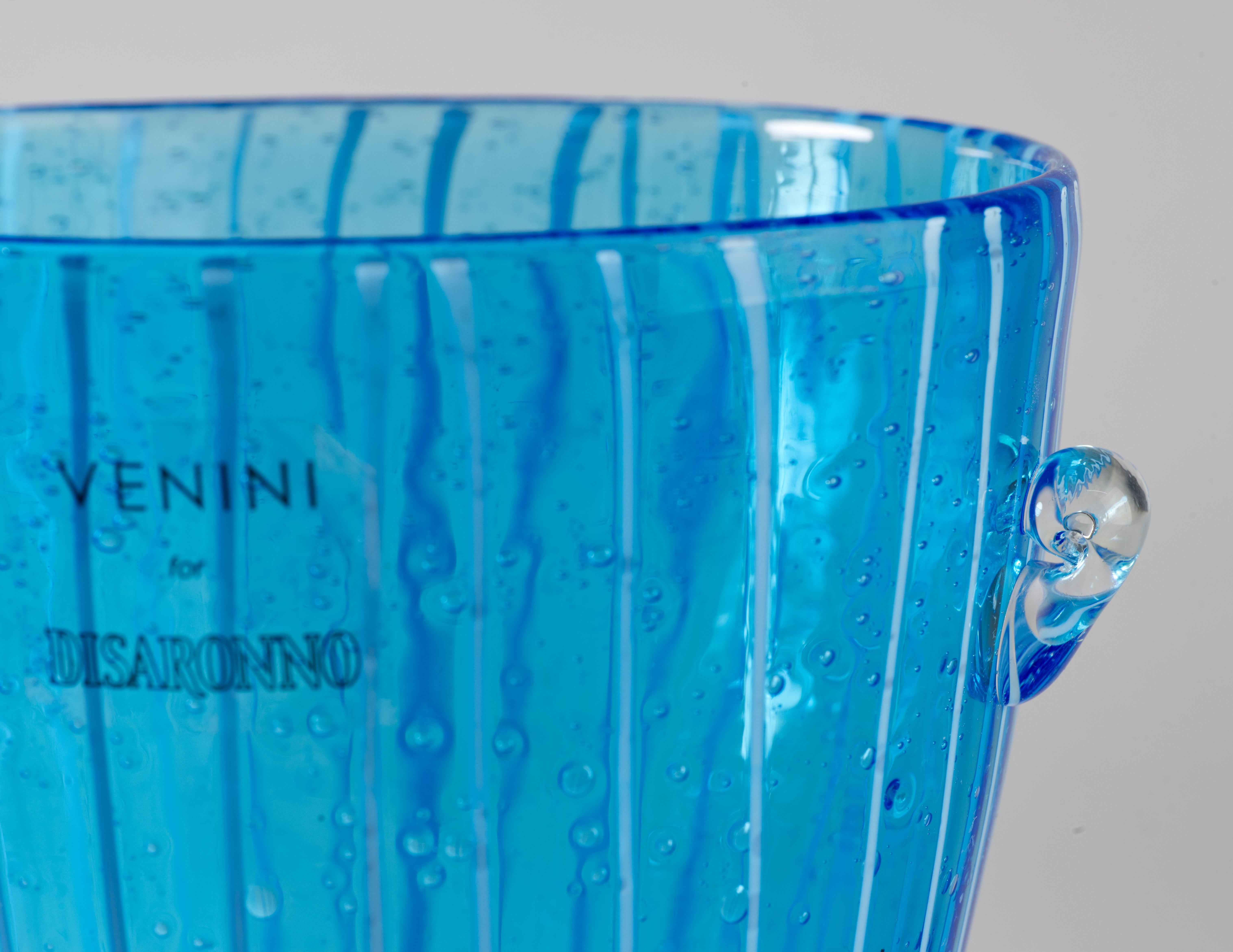 Art Glass Venini for Disaronno Blue and White Fused Glass Ice Bucket, Murano Italy For Sale