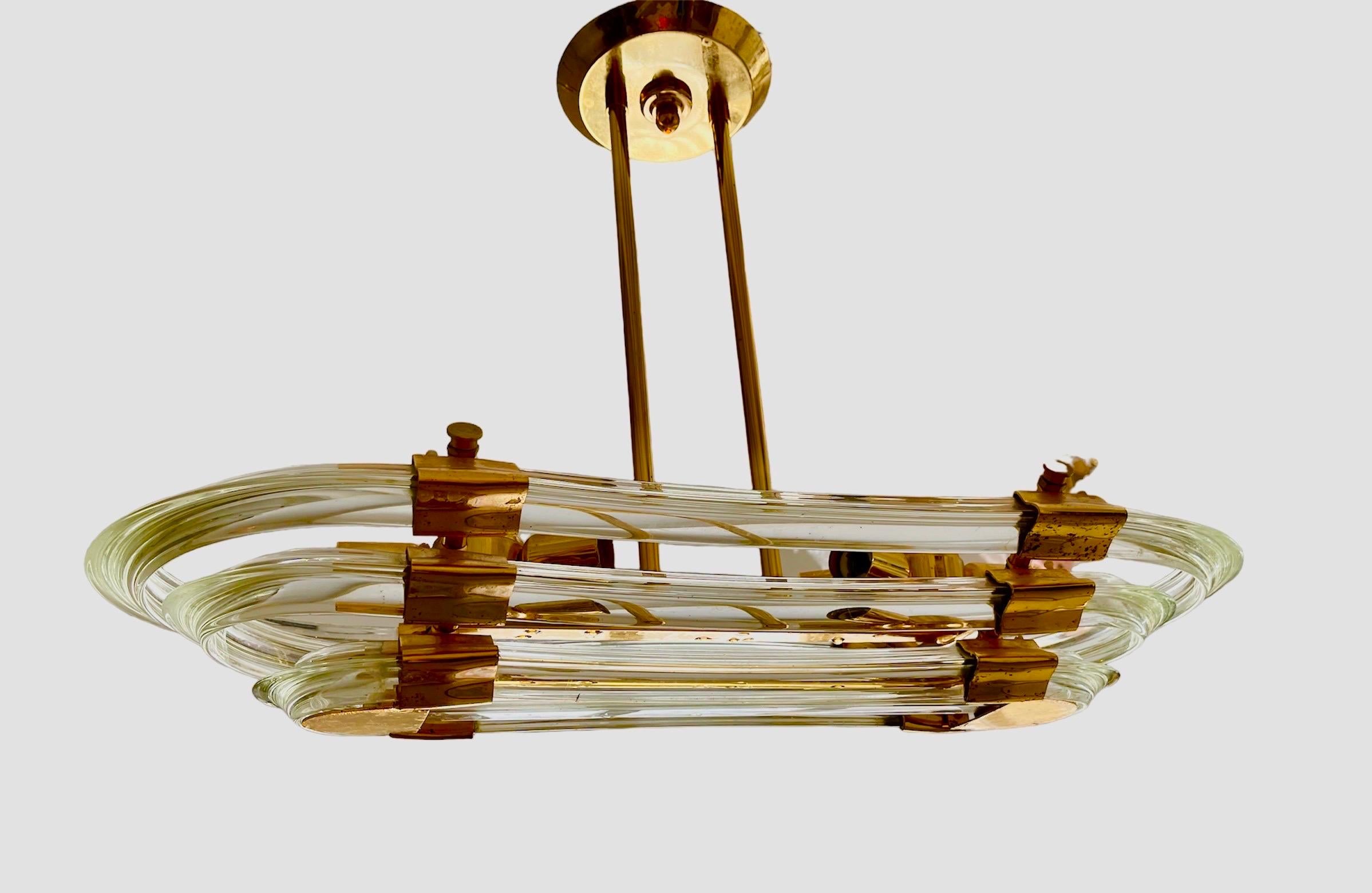 Mid-Century Modern Venini Glass Murano Chandelier Gilt Gold Structure, Italy, 1980