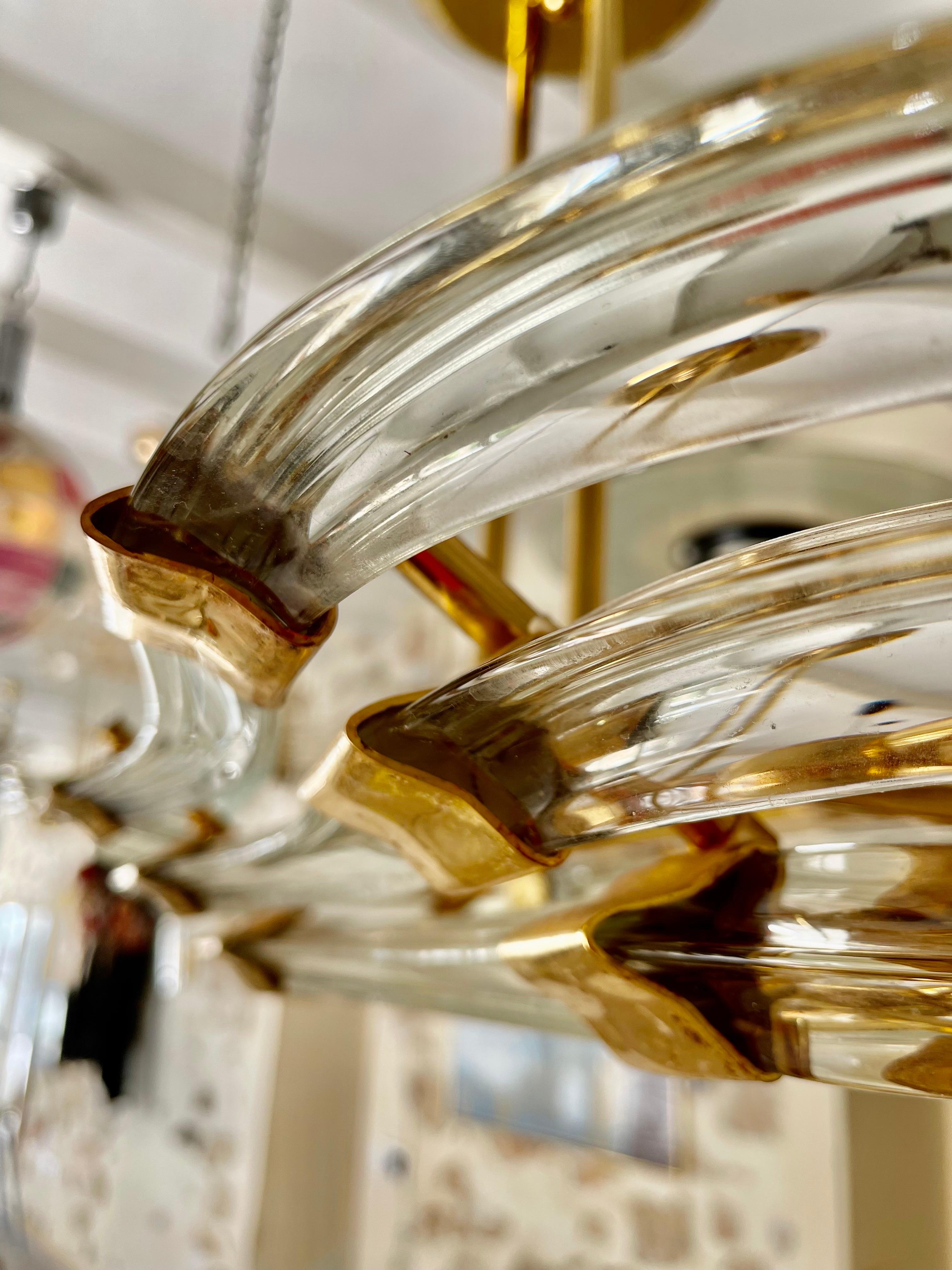 Italian Venini Glass Murano Chandelier Gilt Gold Structure, Italy, 1980