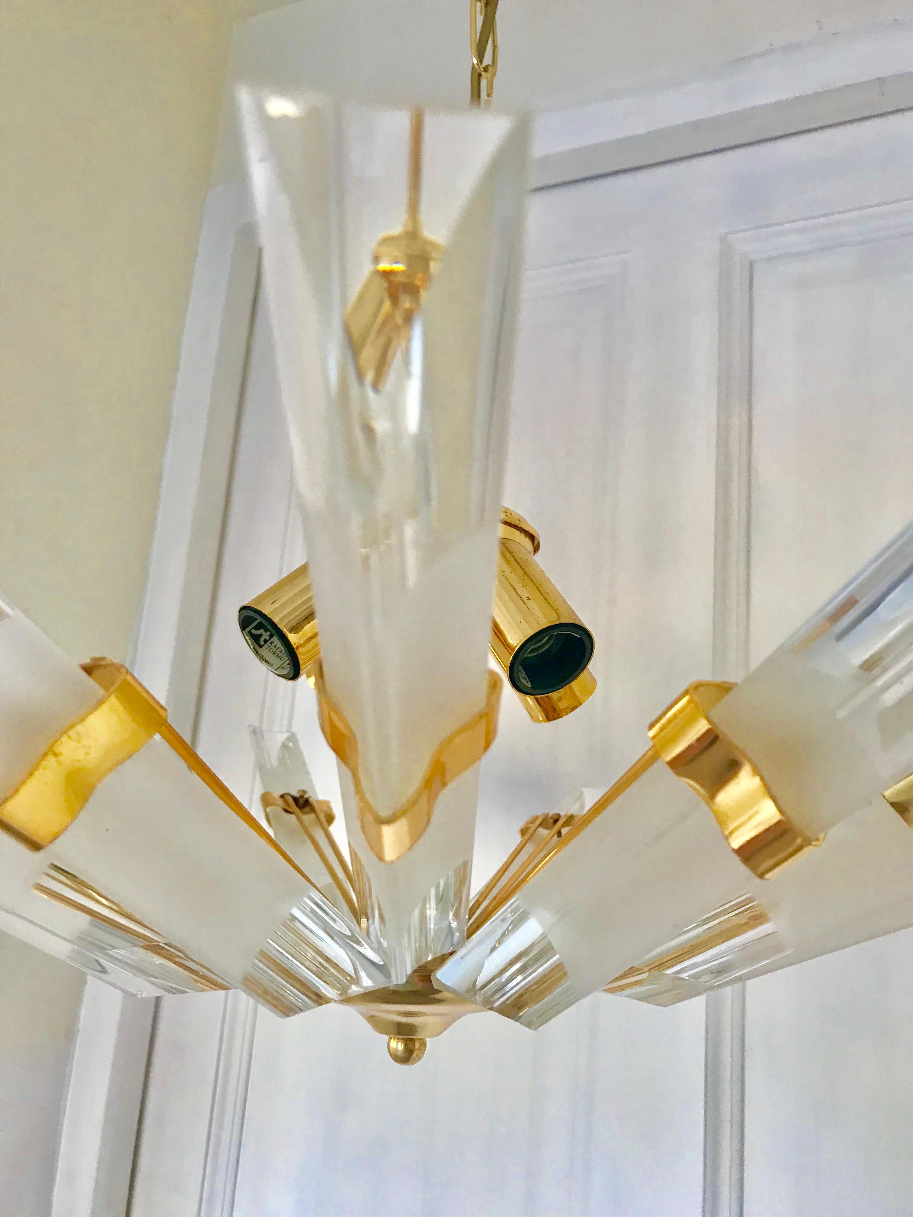 Italian Venini Glass Murano Chandelier Gilt Gold Structure, Italy, 1980 For Sale
