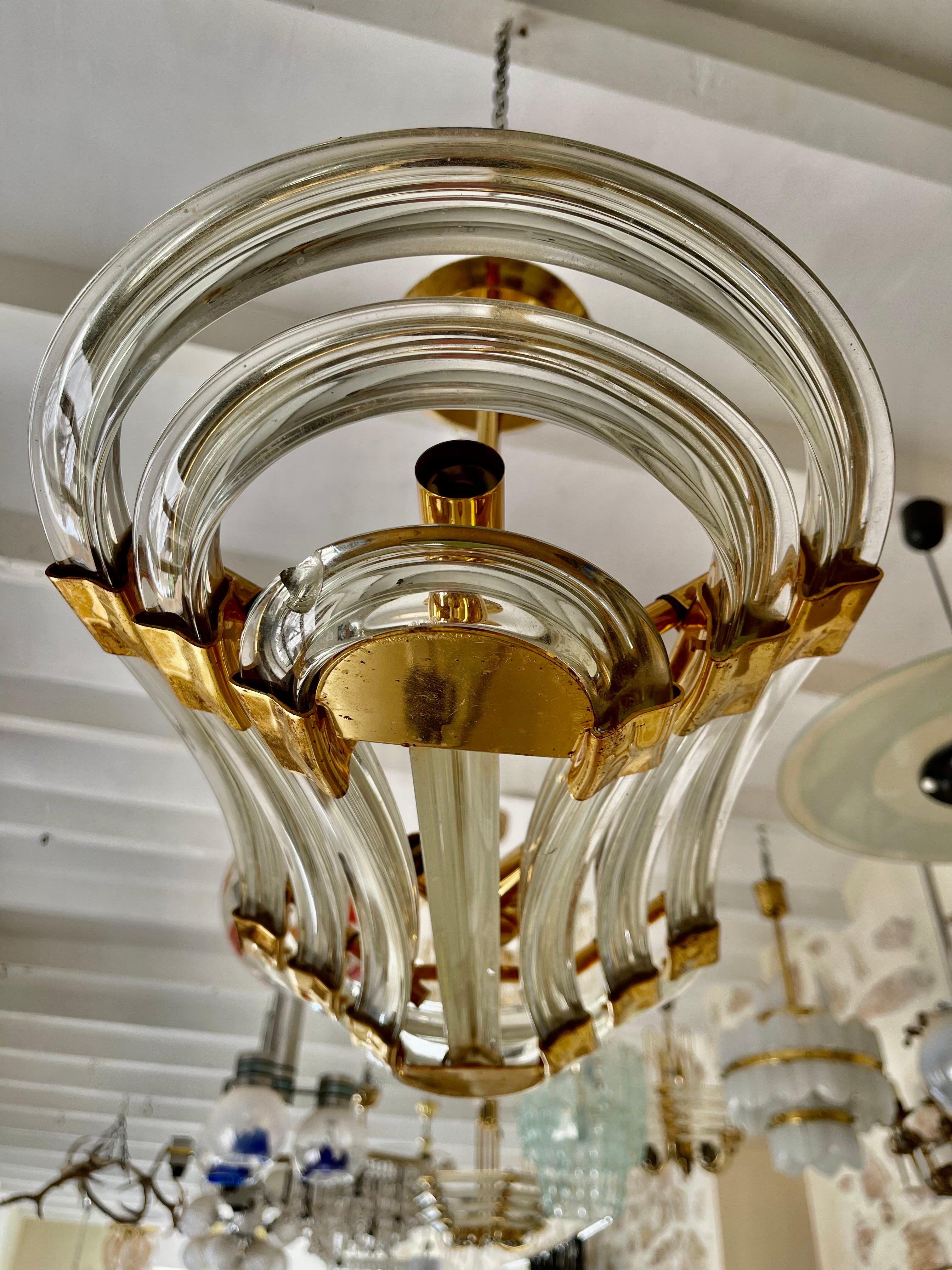 Venini Glass Murano Chandelier Gilt Gold Structure, Italy, 1980 In Good Condition In DÉNIA, ES