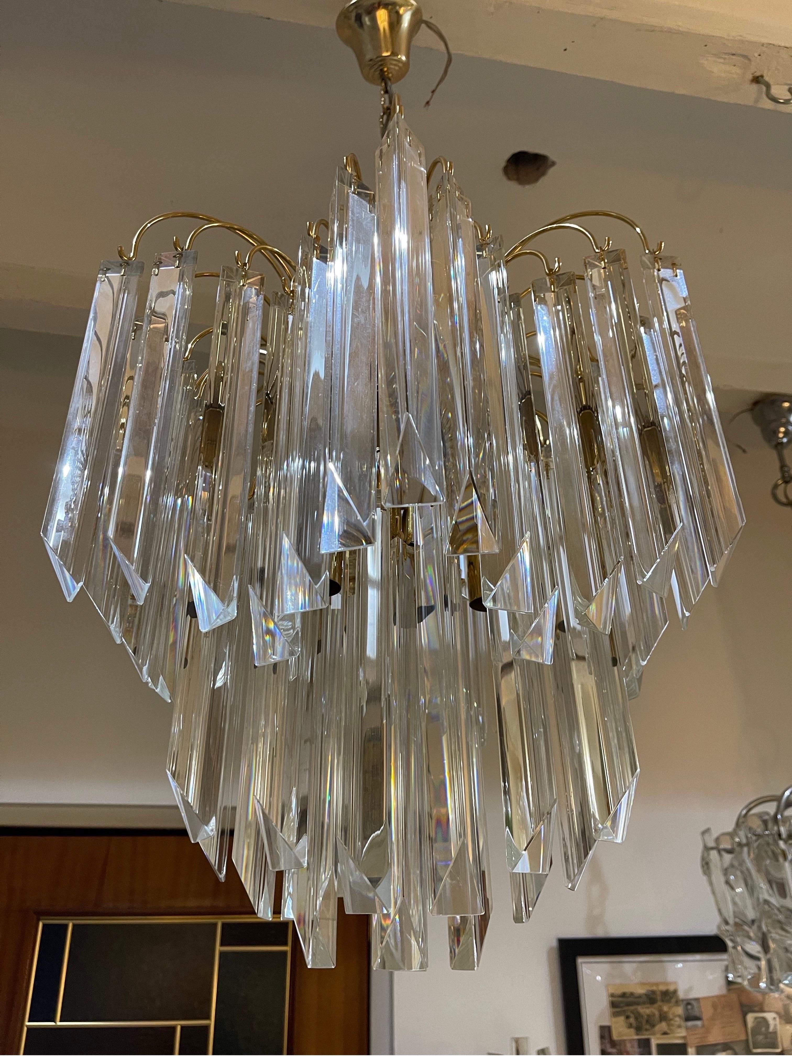 Mid-Century Modern Venini Attr Glass Murano Chandelier Palm Gilt Gold Structure, Italy, 1980 For Sale
