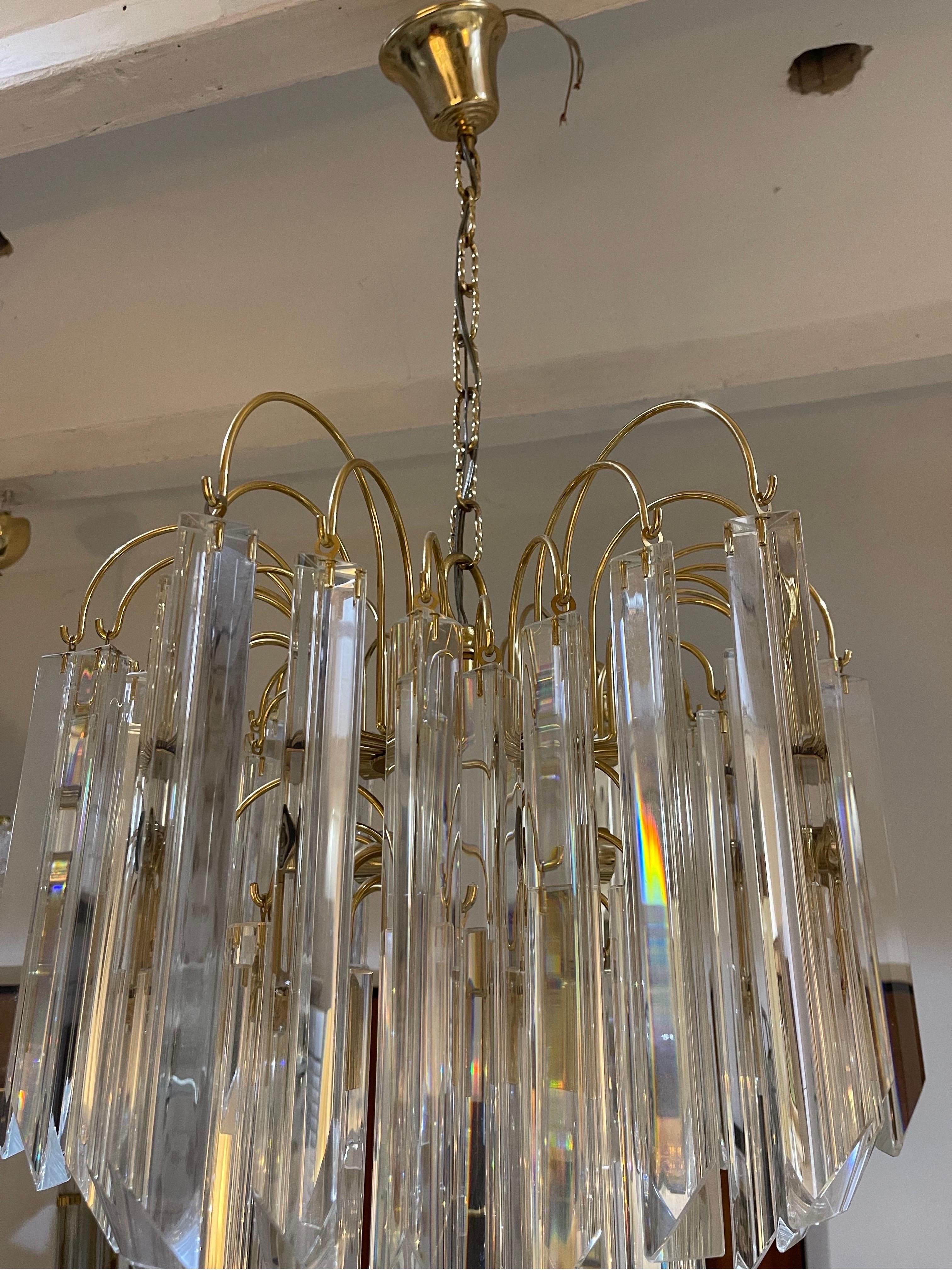 Venini Attr Glass Murano Chandelier Palm Gilt Gold Structure, Italy, 1980 In Good Condition For Sale In DÉNIA, ES