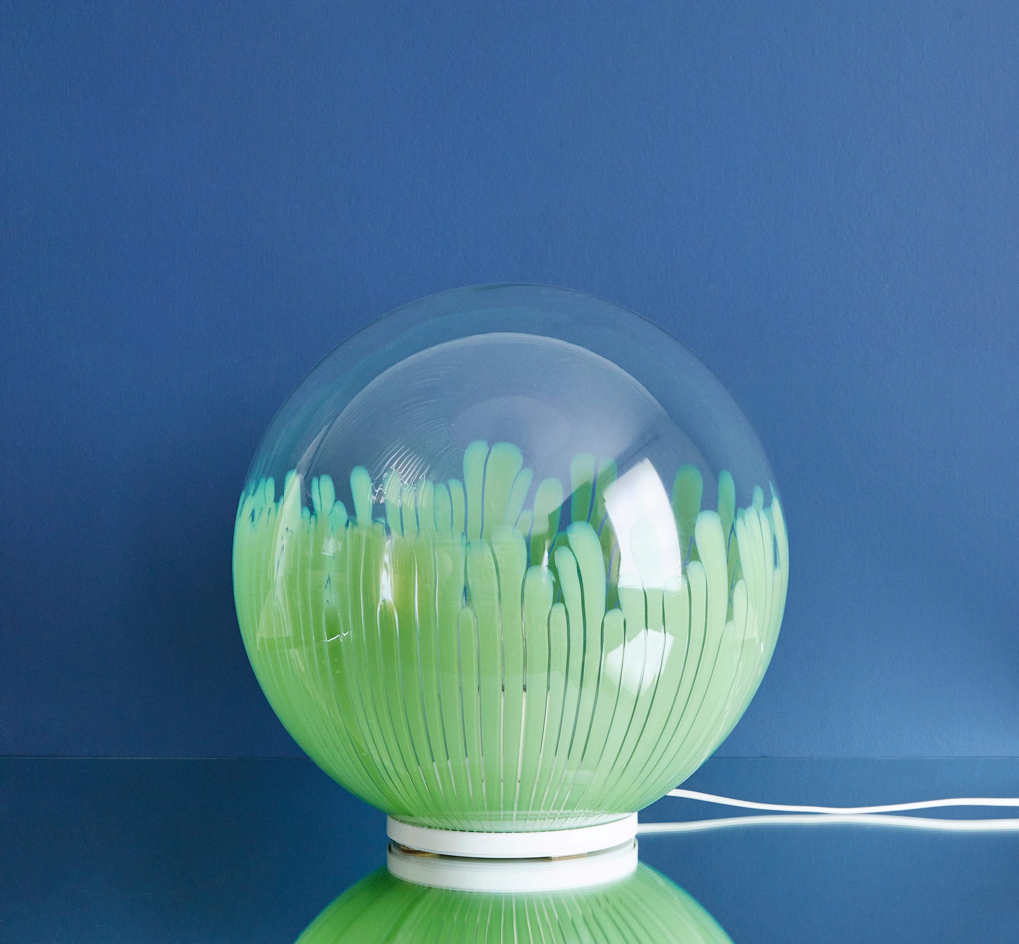 Beautiful Venini glass table lamp. Clear and green overlay glass.
