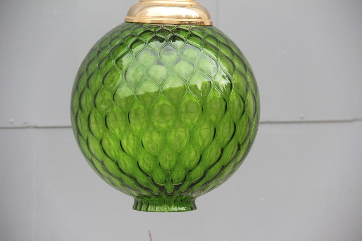 Venini green ball chandelier Italian midcentury design 1960s murano glass round, brass chain.