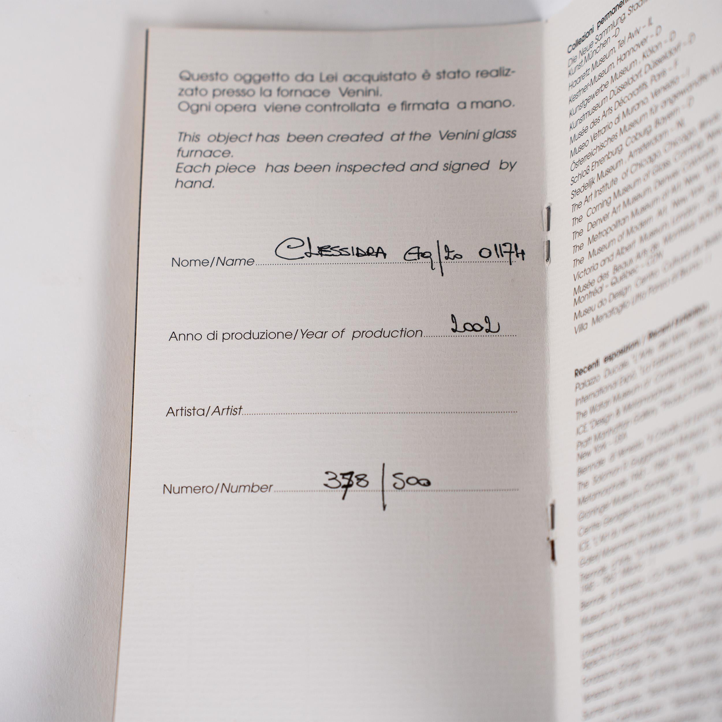 Vetro soffiato Venini Clessidra Acquamarina/Giallo Zolfo Edizione Limitata pz. 378/500 anno 2002 in vendita