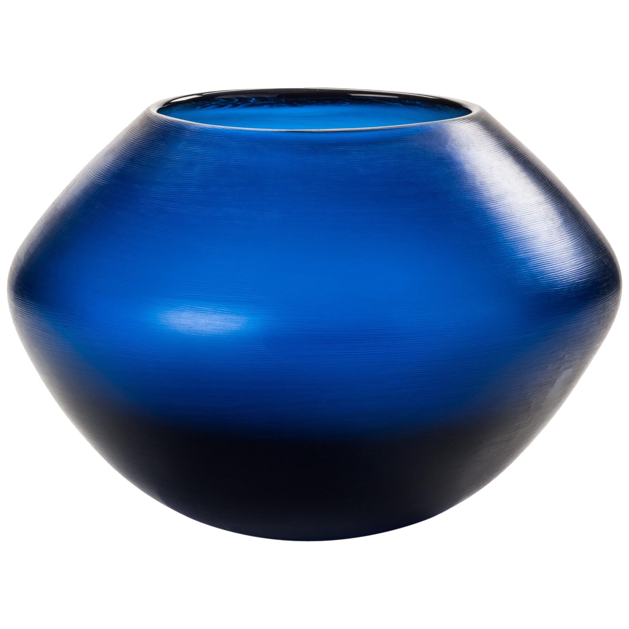Venini Incisi Short Glass Vase in Steel Blue by Paolo Venini