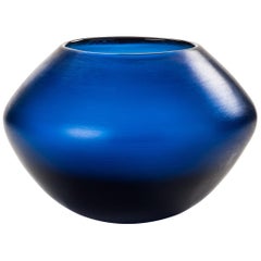 Venini Incisi Short Glass Vase in Steel Blue by Paolo Venini