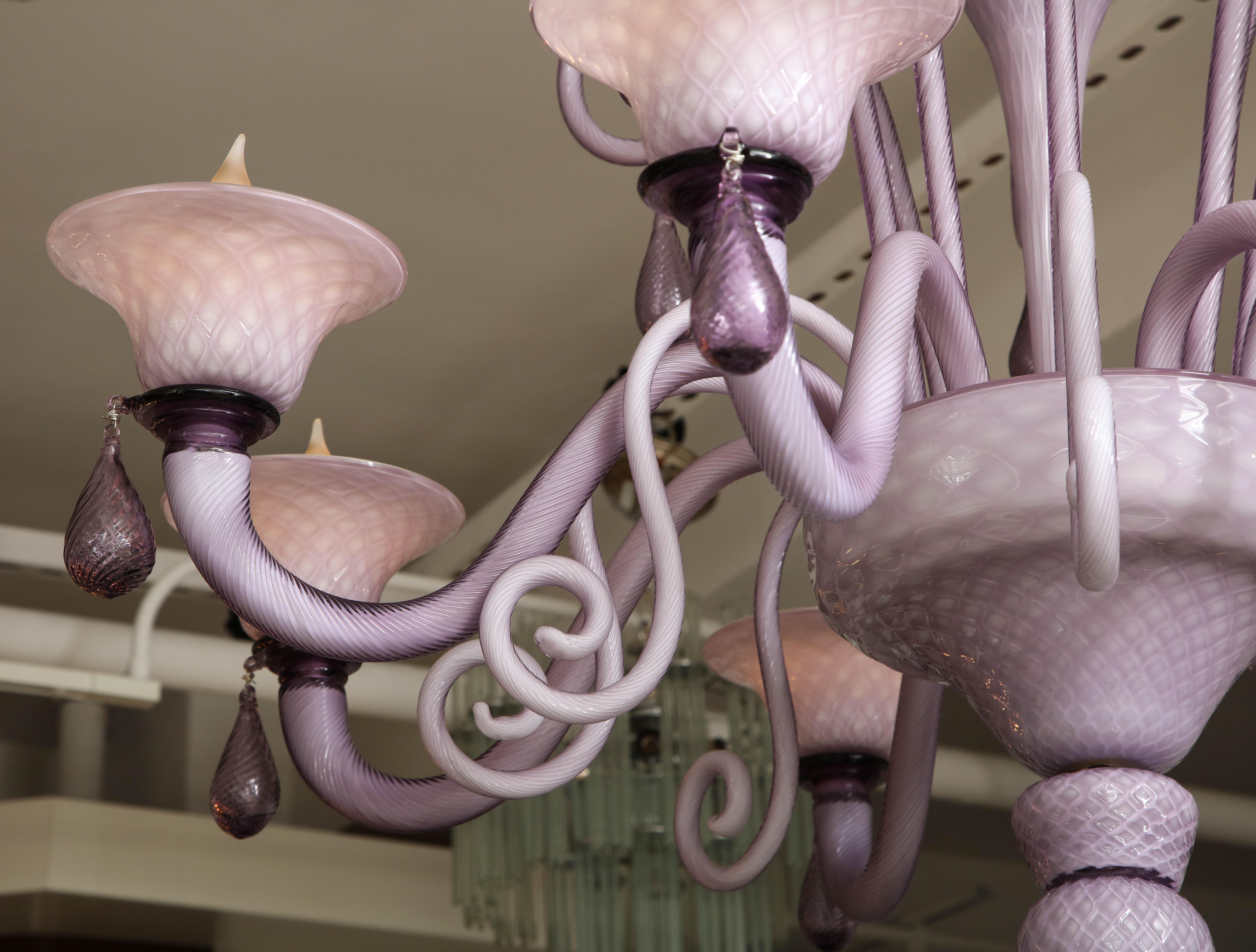 Venini Influenced, Murano 8 Arm Lilac Cased Glass Chandelier, Italy 2