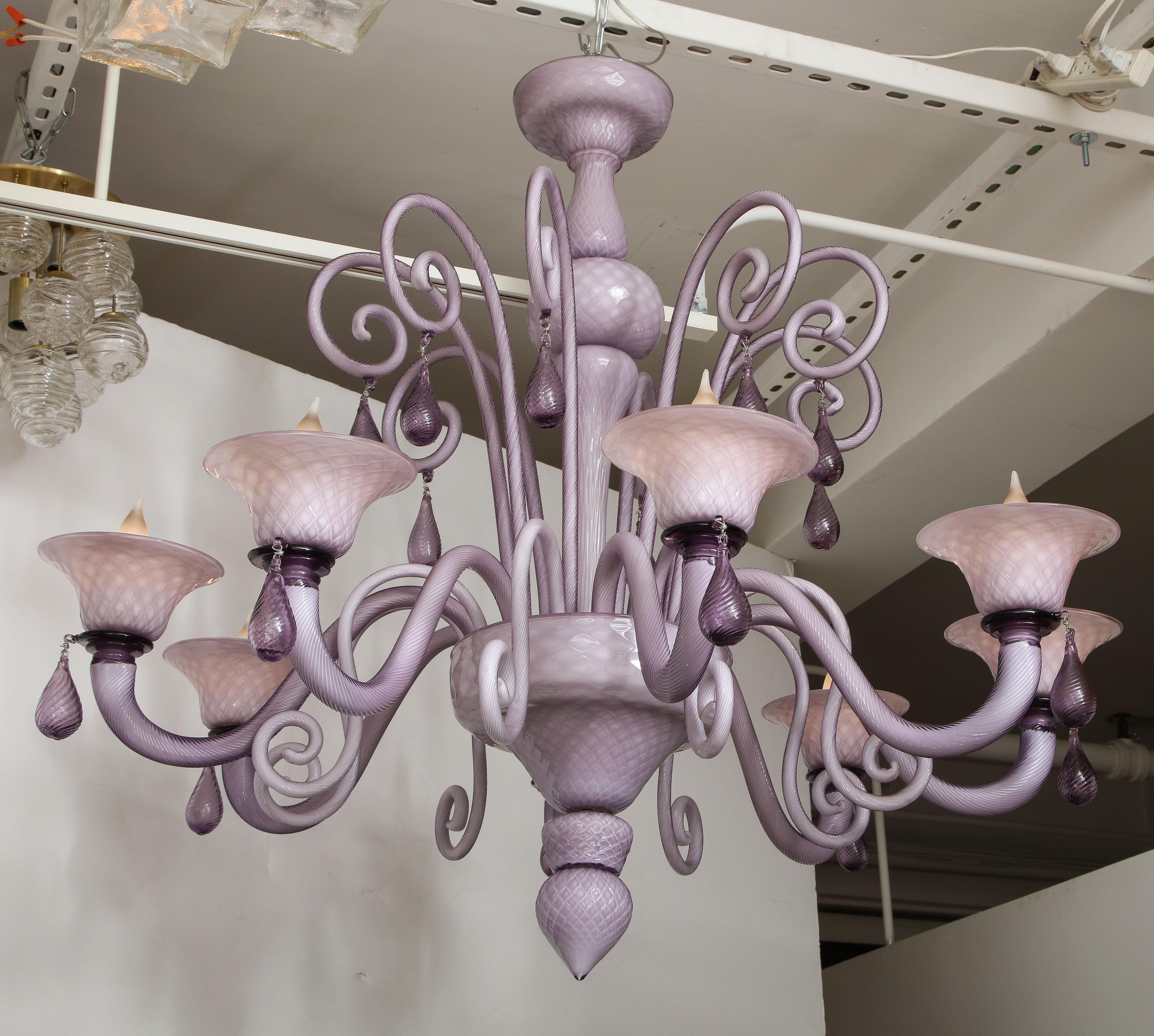 Mid-Century Modern Venini Influenced, Murano 8 Arm Lilac Cased Glass Chandelier, Italy