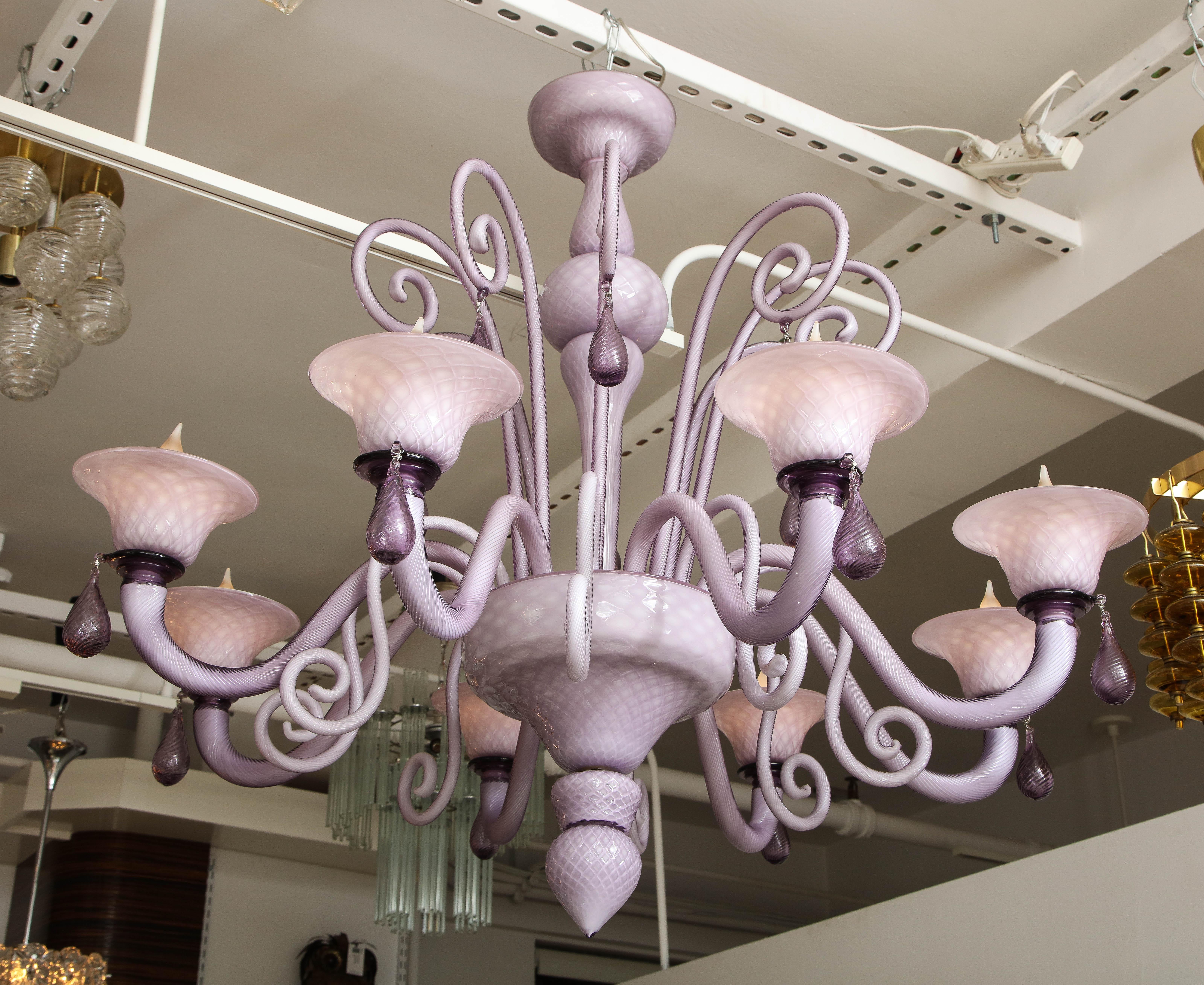 Hand-Crafted Venini Influenced, Murano 8 Arm Lilac Cased Glass Chandelier, Italy