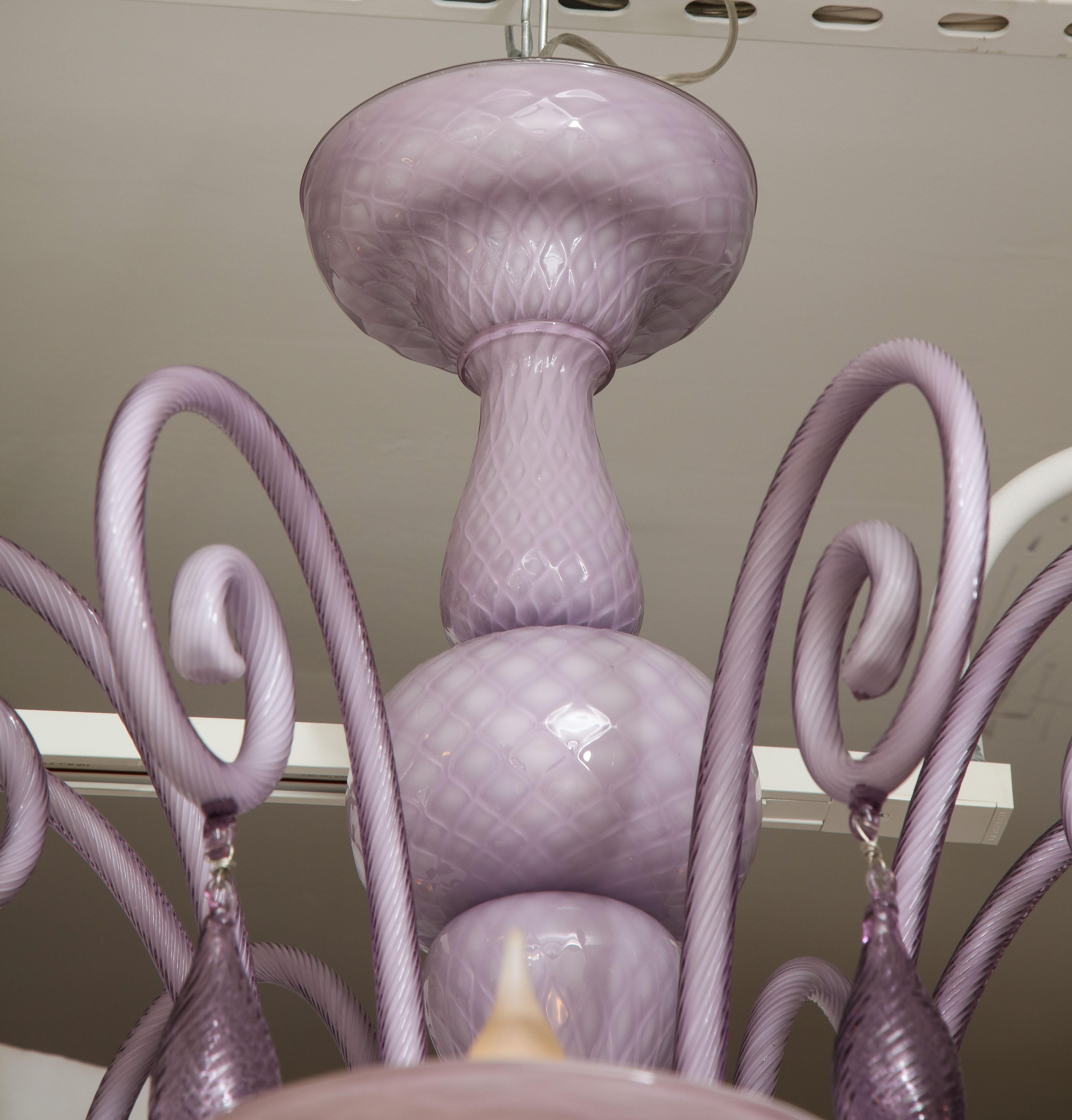 Murano Glass Venini Influenced, Murano 8 Arm Lilac Cased Glass Chandelier, Italy