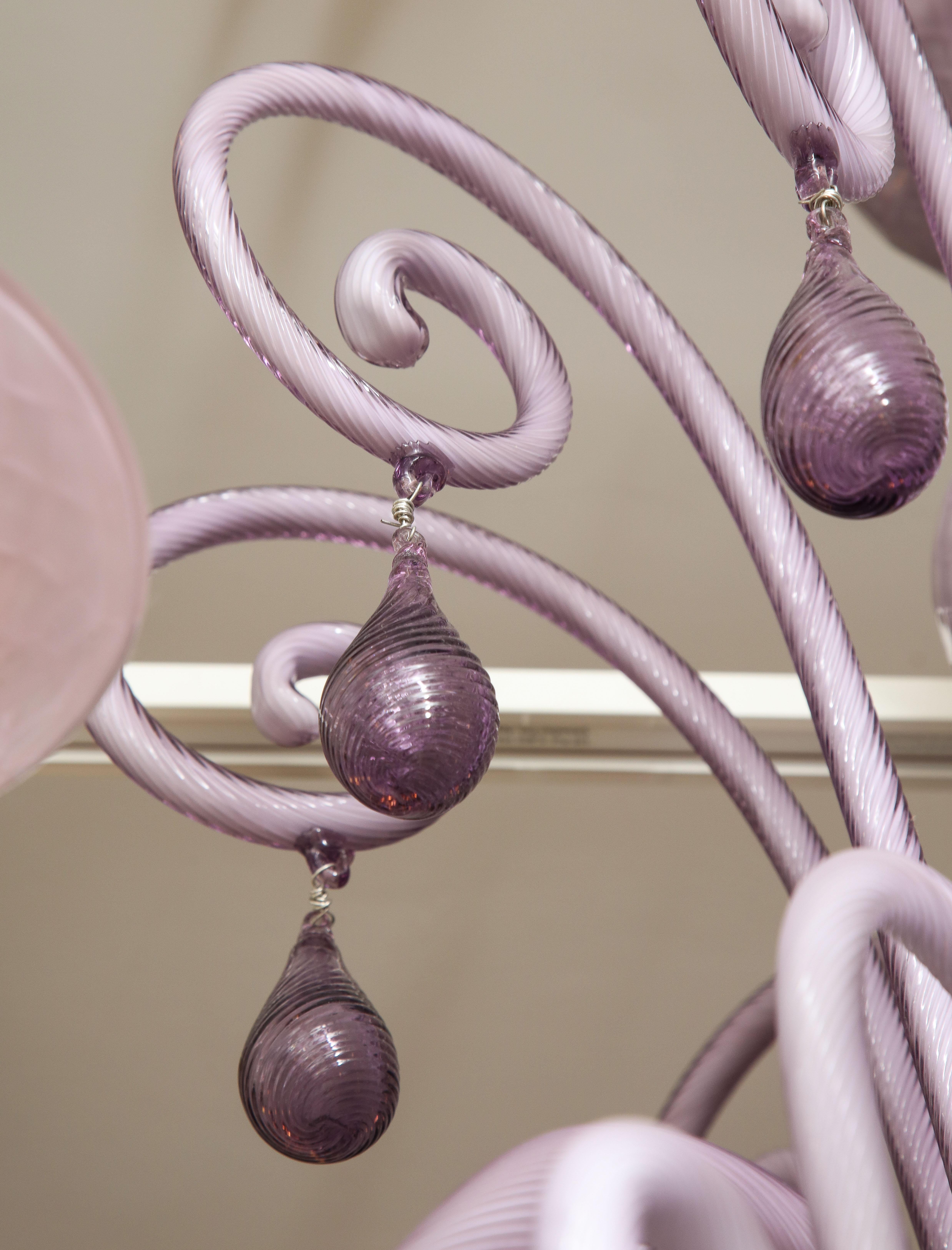 Venini Influenced, Murano 8 Arm Lilac Cased Glass Chandelier, Italy 1