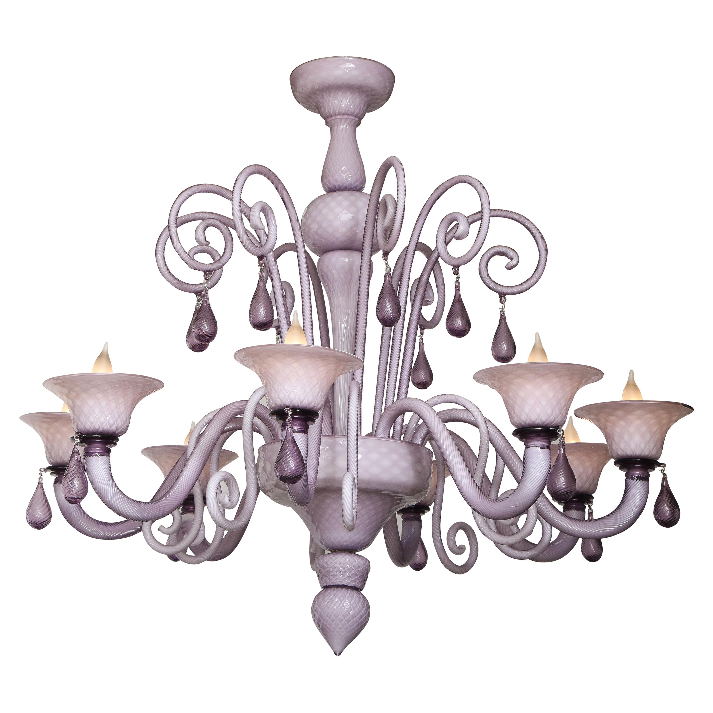 Venini Influenced, Murano 8 Arm Lilac Cased Glass Chandelier, Italy