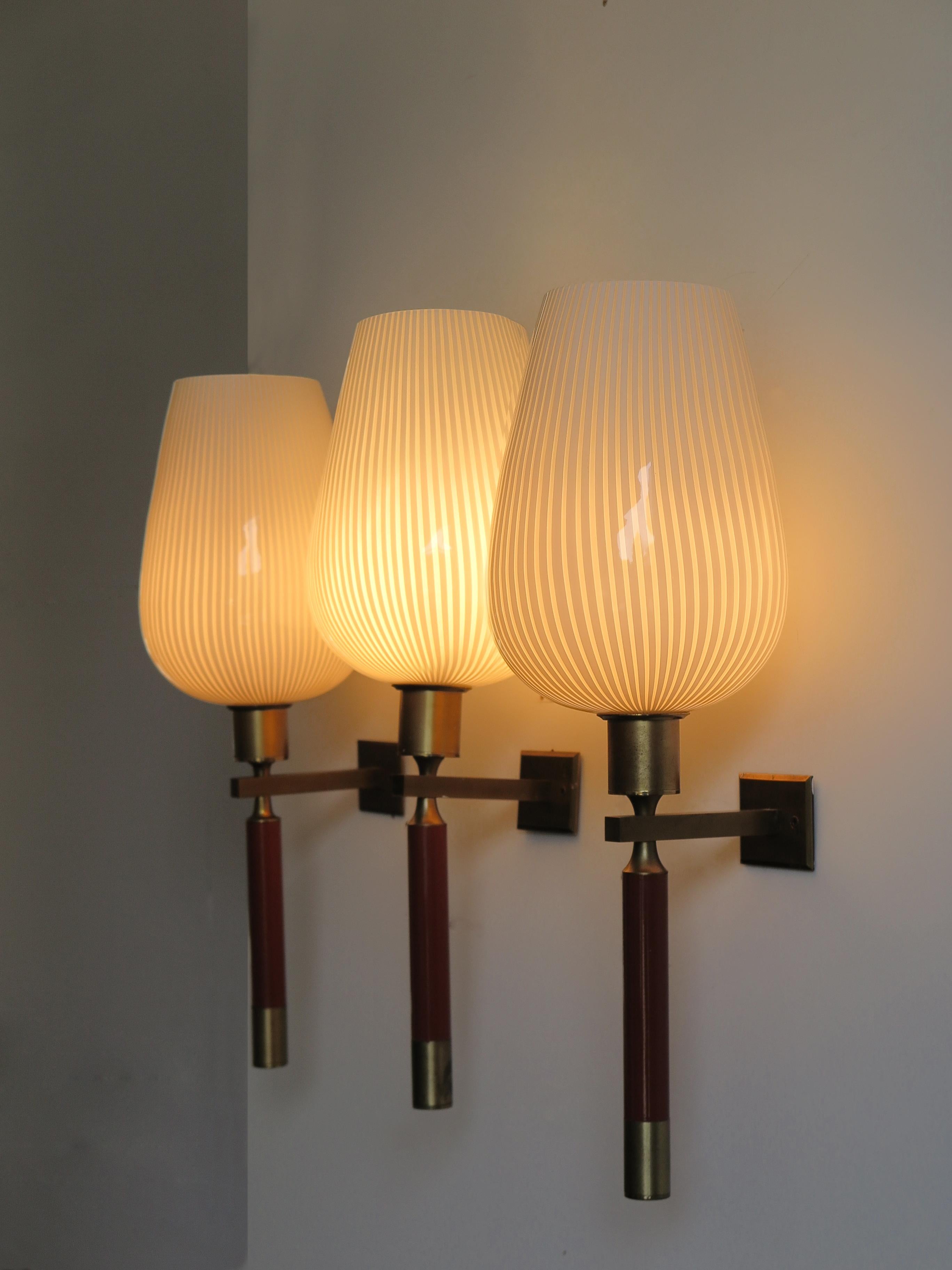 Mid-Century Modern Venini Italian Midcentury Murano Glass Brass Wall Lamps Sconces 1950s