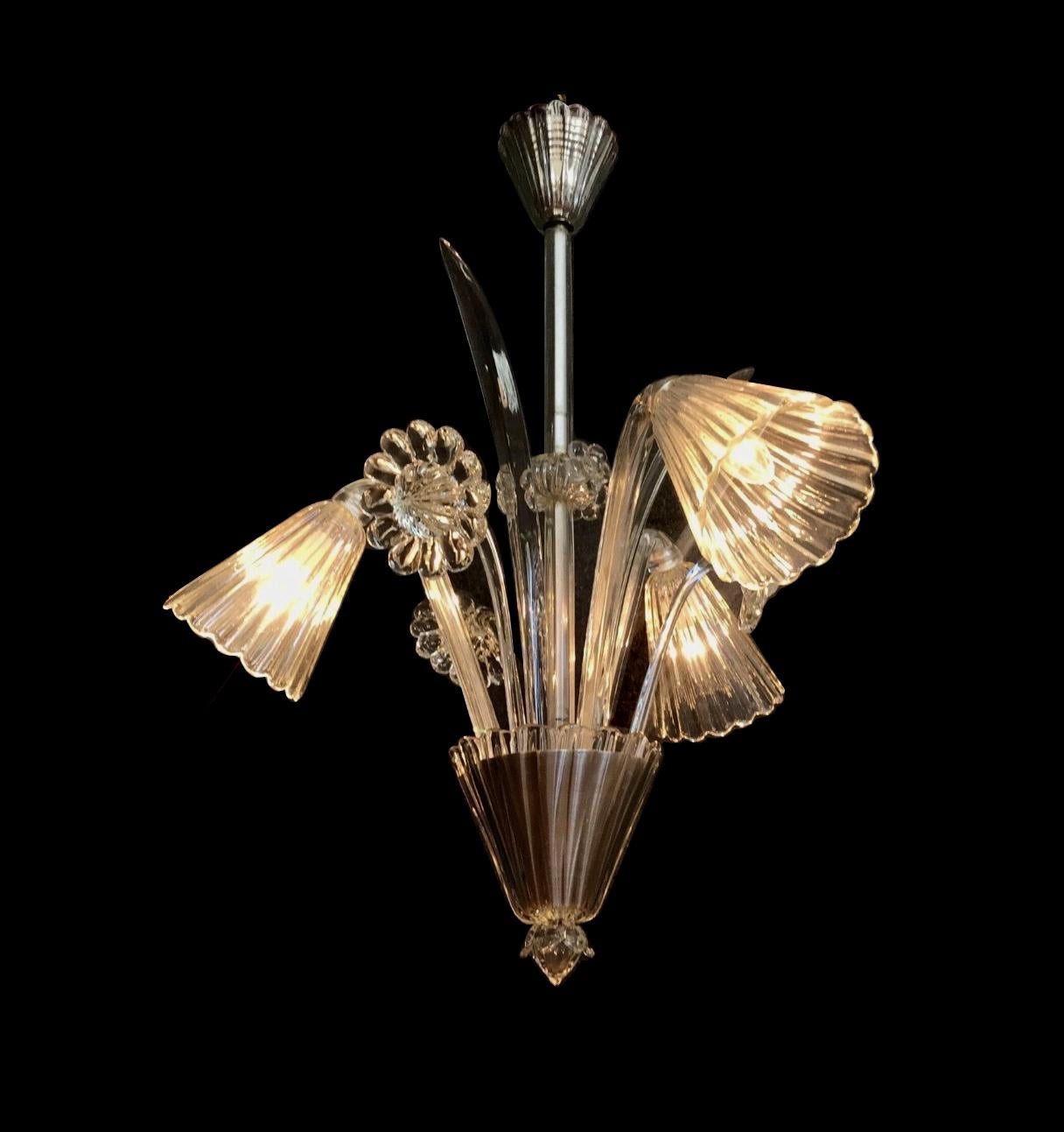 Italiano Venini Lampadario a tre luci in vetro trasparente italiano di Murano anni '50 in vendita