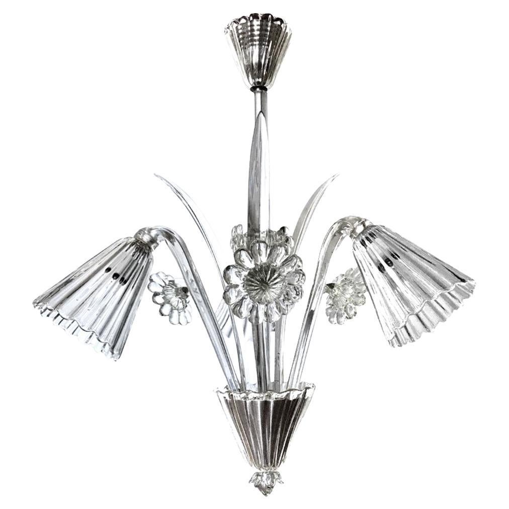Venini Lampadario a tre luci in vetro trasparente italiano di Murano anni 
50 in vendita