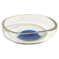 Venini Italy 85s Colorless Murano Glass Bowl With Blue Decoration Mid-Century