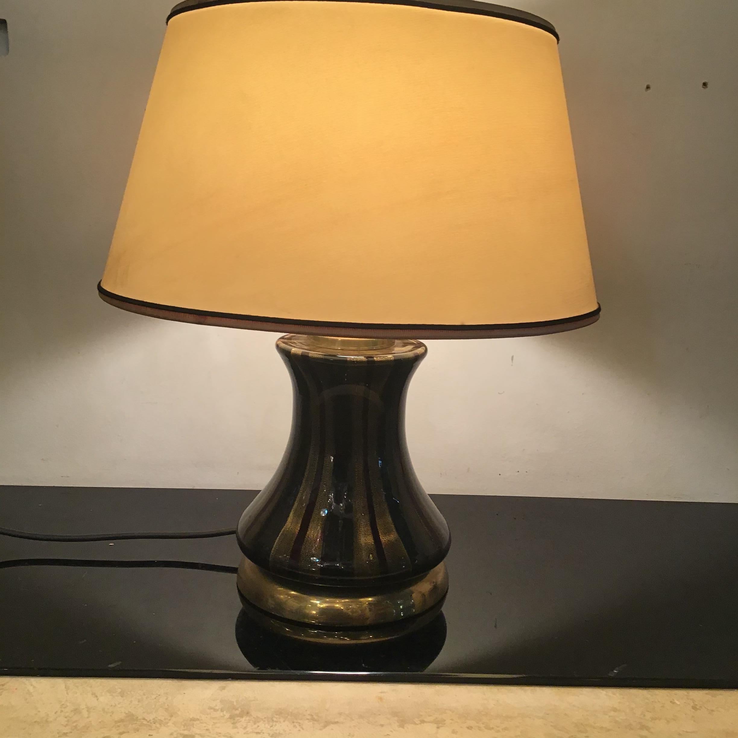 Italian VENINI Table Lamp Brass Murano Glass Lampshade Fabric 1950s Italy  For Sale