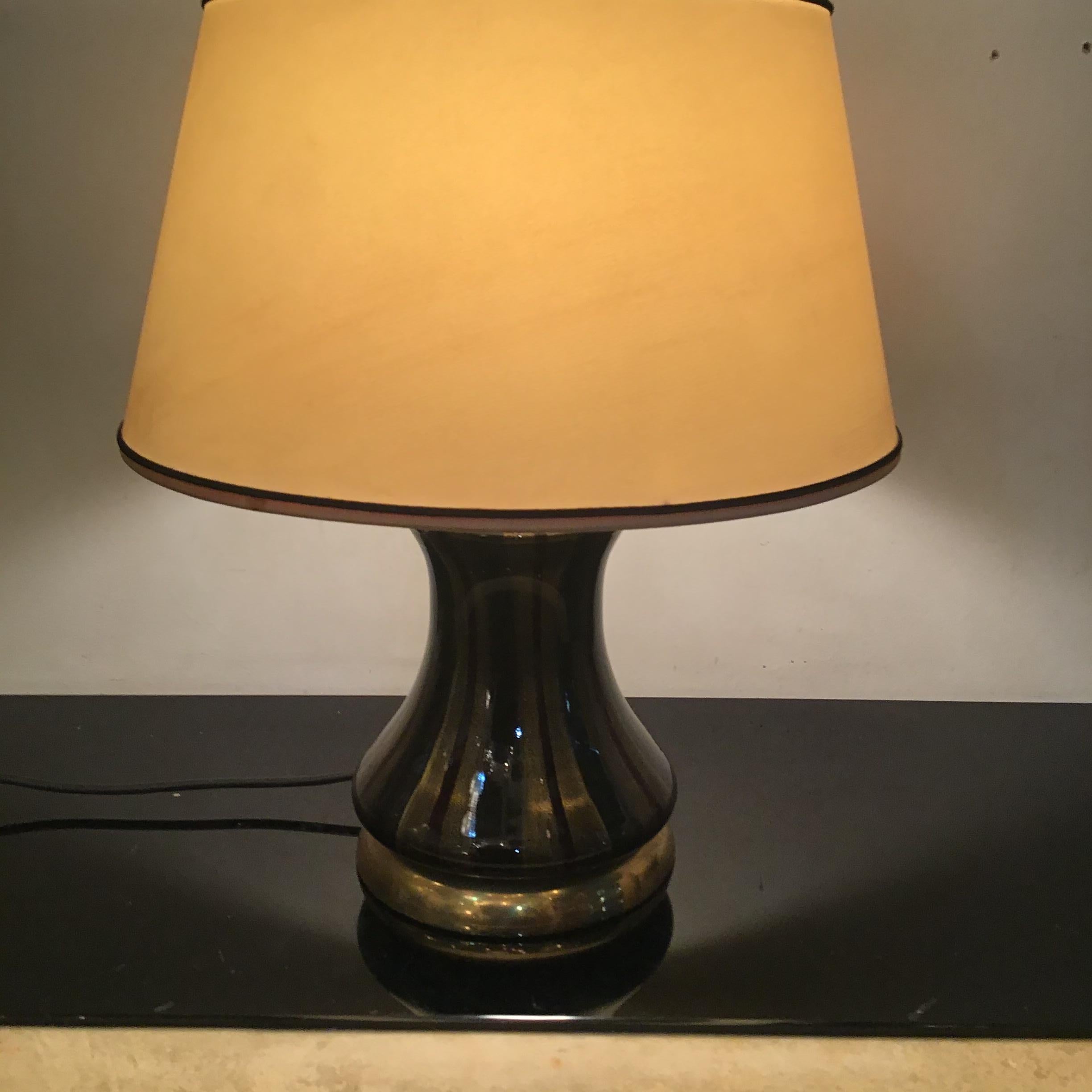 VENINI Table Lamp Brass Murano Glass Lampshade Fabric 1950s Italy  In Excellent Condition For Sale In Milano, IT