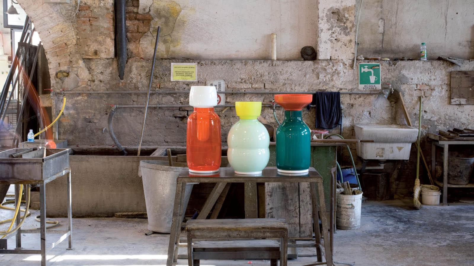 Italian Venini Lanterne Marine I Vase in Milk White and Green by Barber & Osgerby
