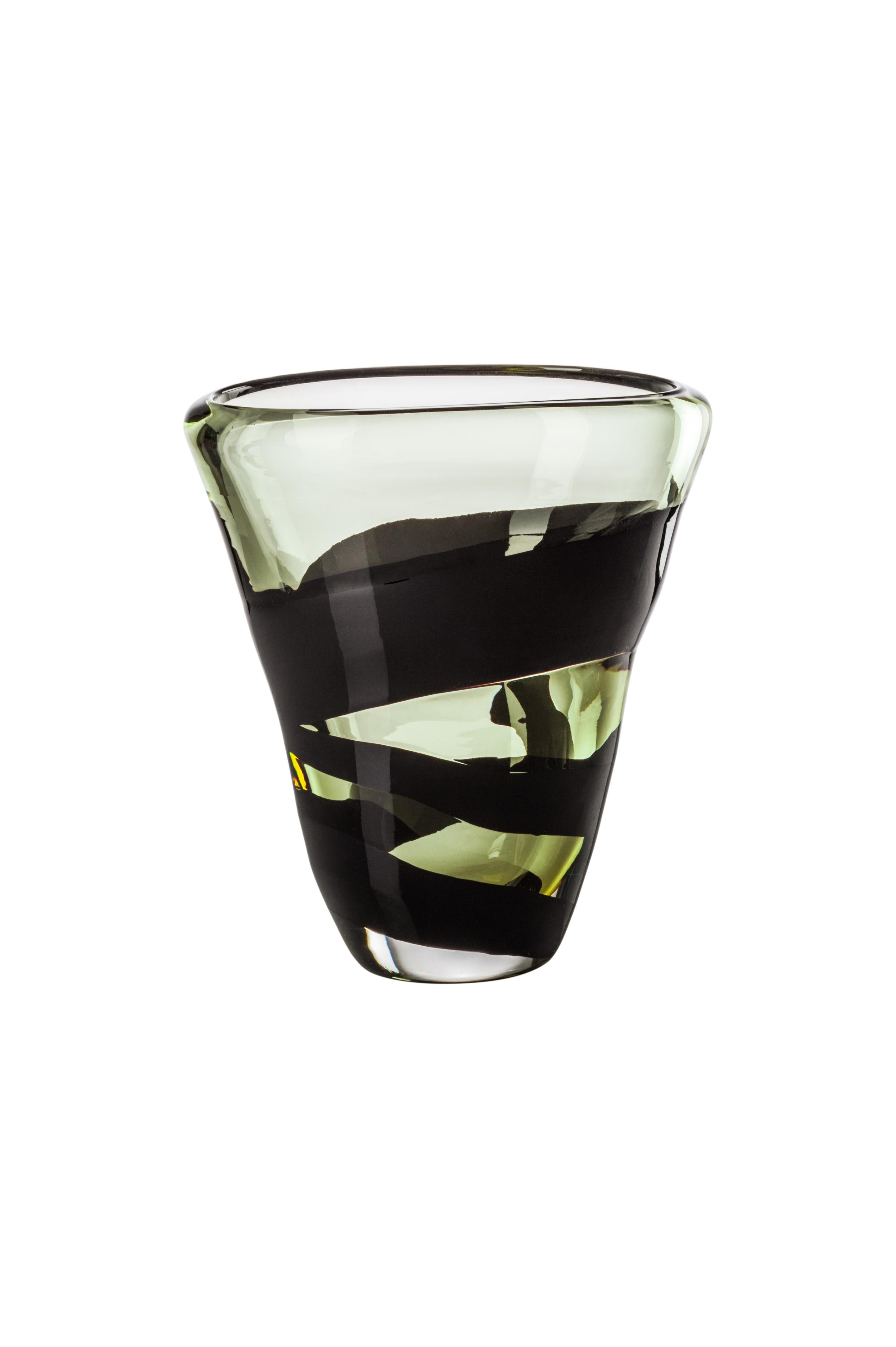Venini glass vase in crystal and grass green with black decoration designed by Peter Marino in 2017. Perfect for indoor home decor as container or statement piece for any room. Also available in other colors on 1stdibs. Limited edition of only 349