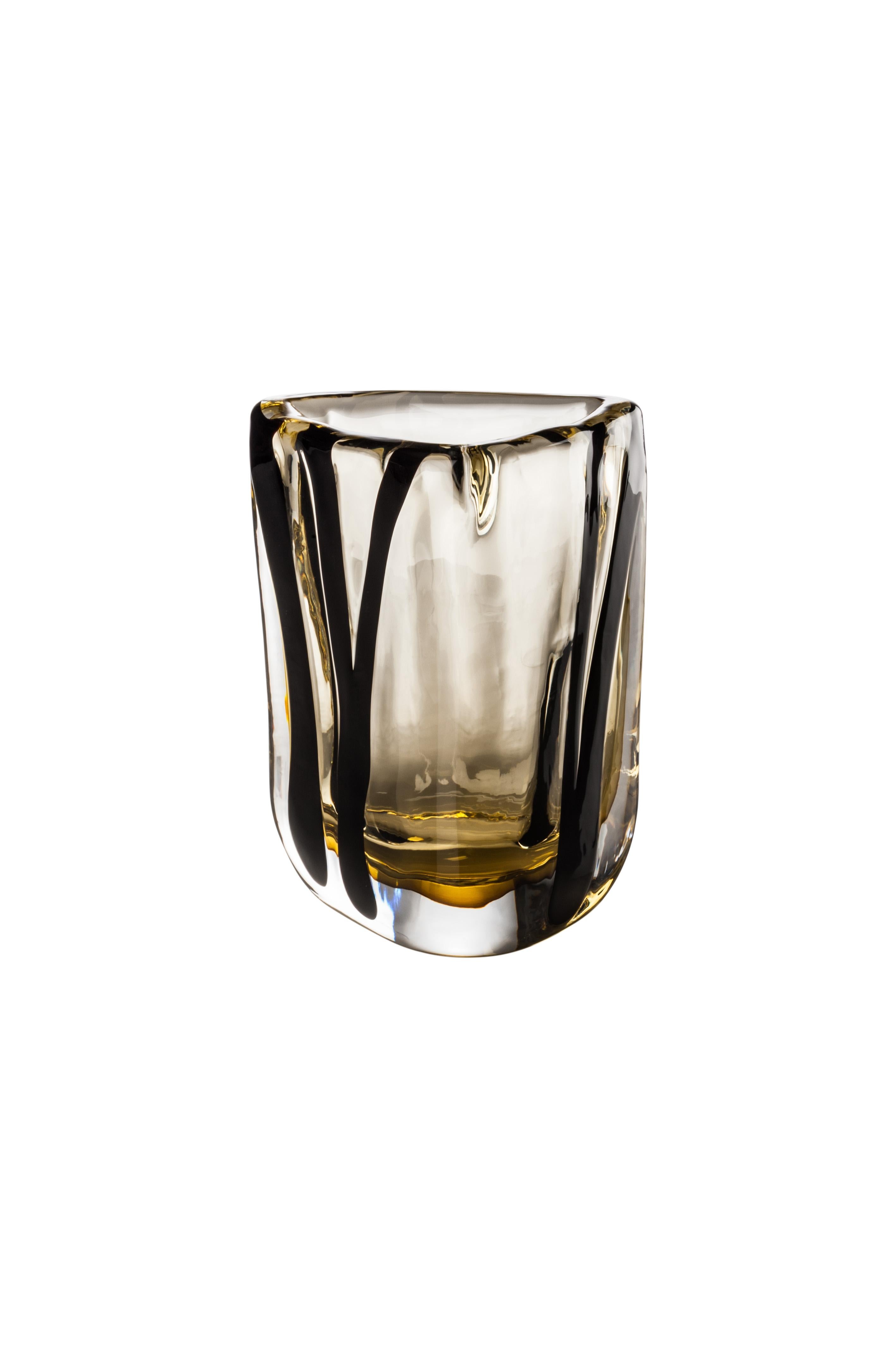 Venini glass vase in transparent crystal and tea with black decoration designed by Peter Marino in 2017. Perfect for indoor home decor as container or statement piece for any room. Limited edition of only 349 works in stock.

Dimensions: 12 cm D x