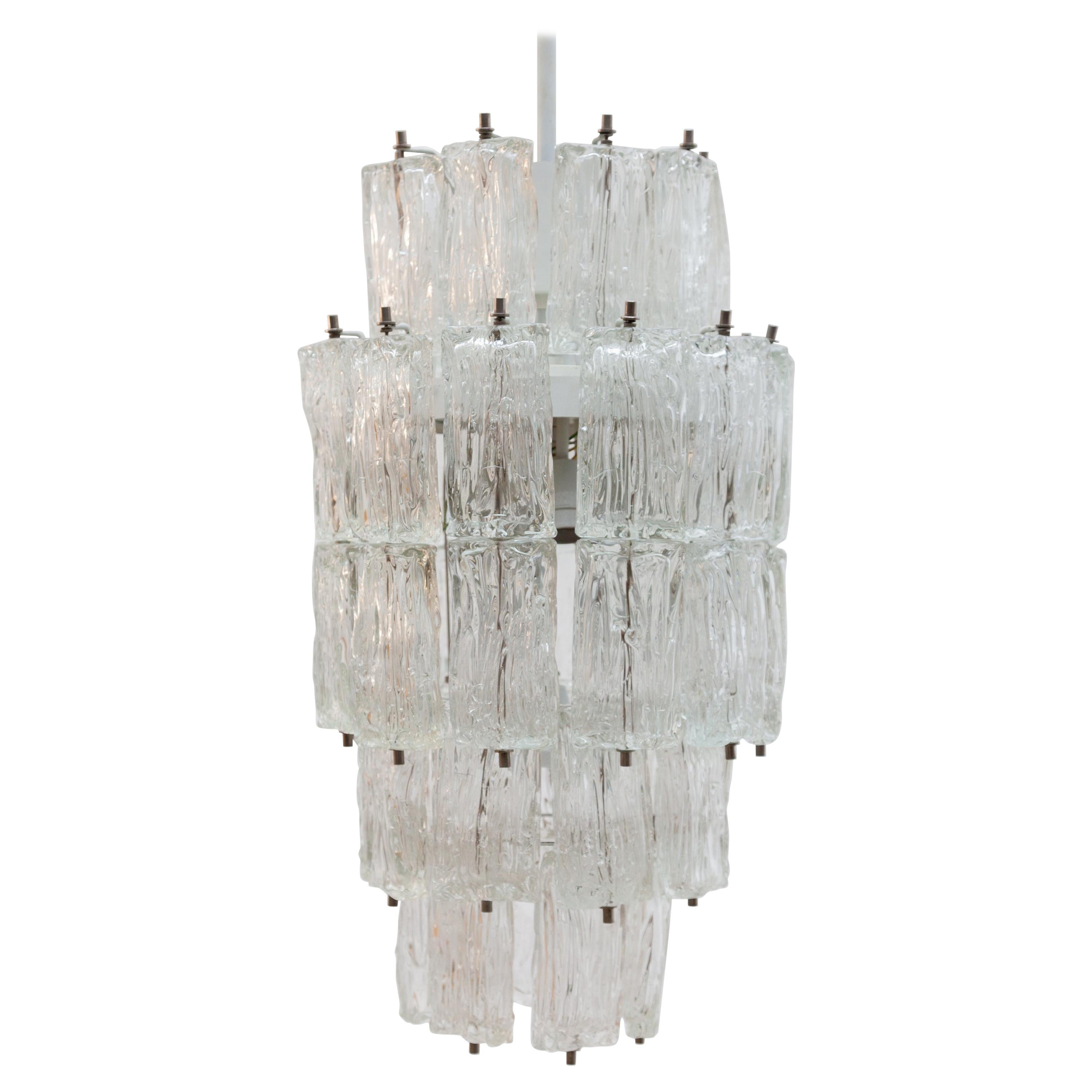 Venini Large Chandelier Iced Textured Clear Glass Five Tiers 1960s Murano, Italy