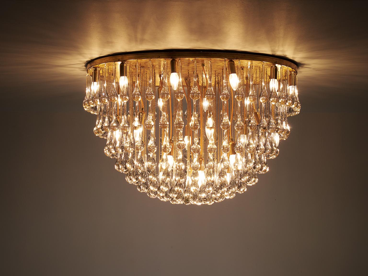 Mid-Century Modern Venini Large Chandelier in Brass with Glass Drops