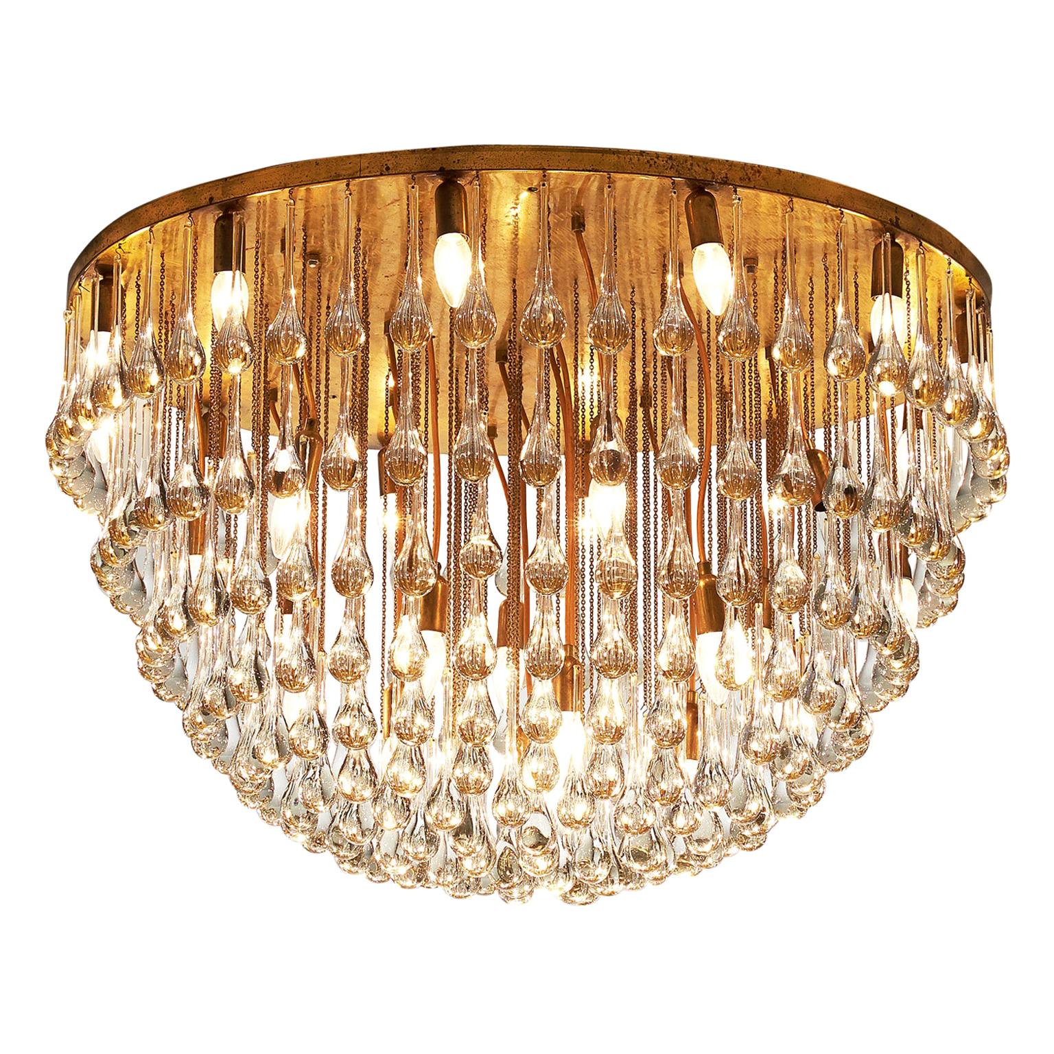 Venini Large Chandelier in Brass with Glass Drops