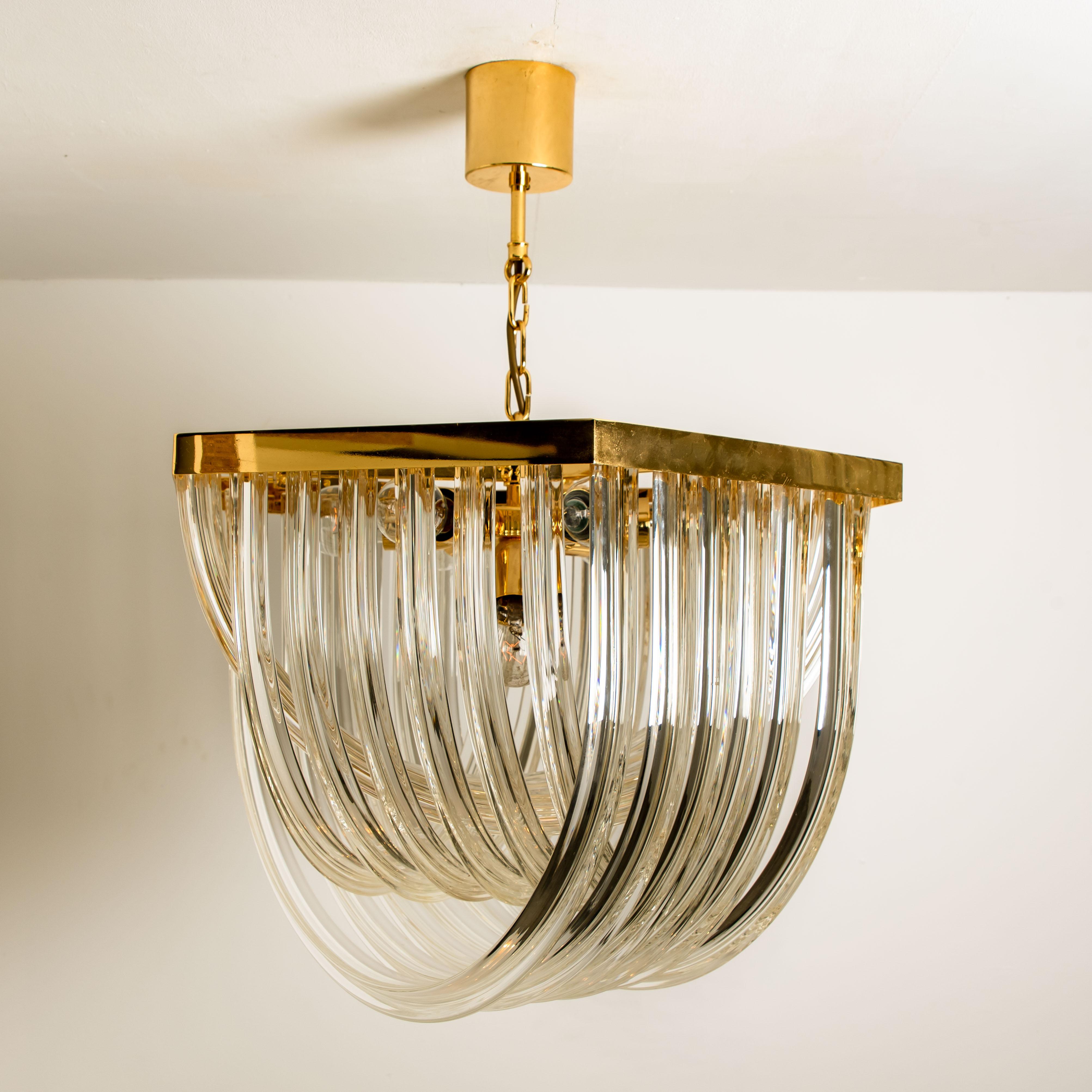 Venini Light Fixture, Curved Crystal Glass and Gilt Brass, Italy 10