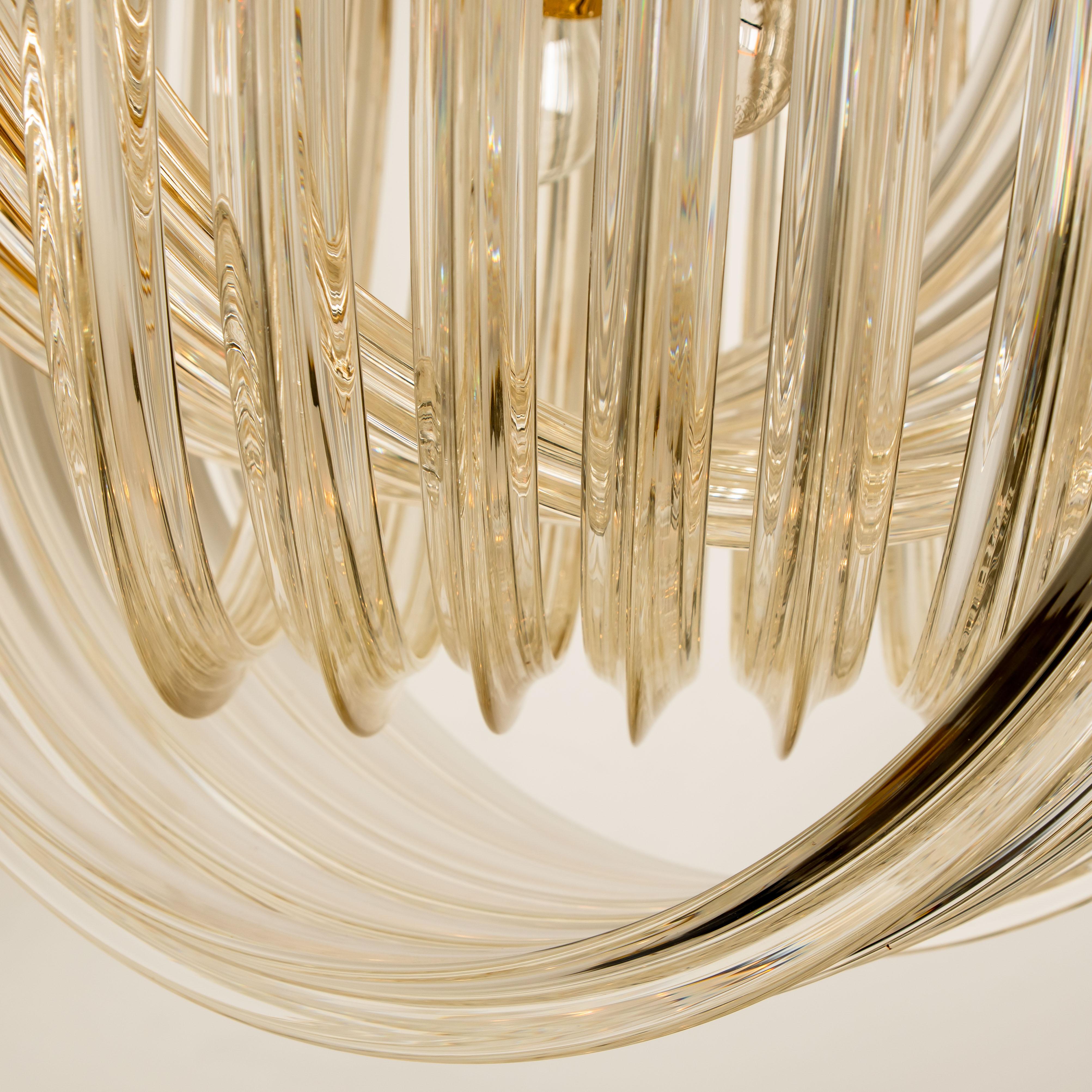 Mid-Century Modern Venini Light Fixture, Curved Crystal Glass and Gilt Brass, Italy