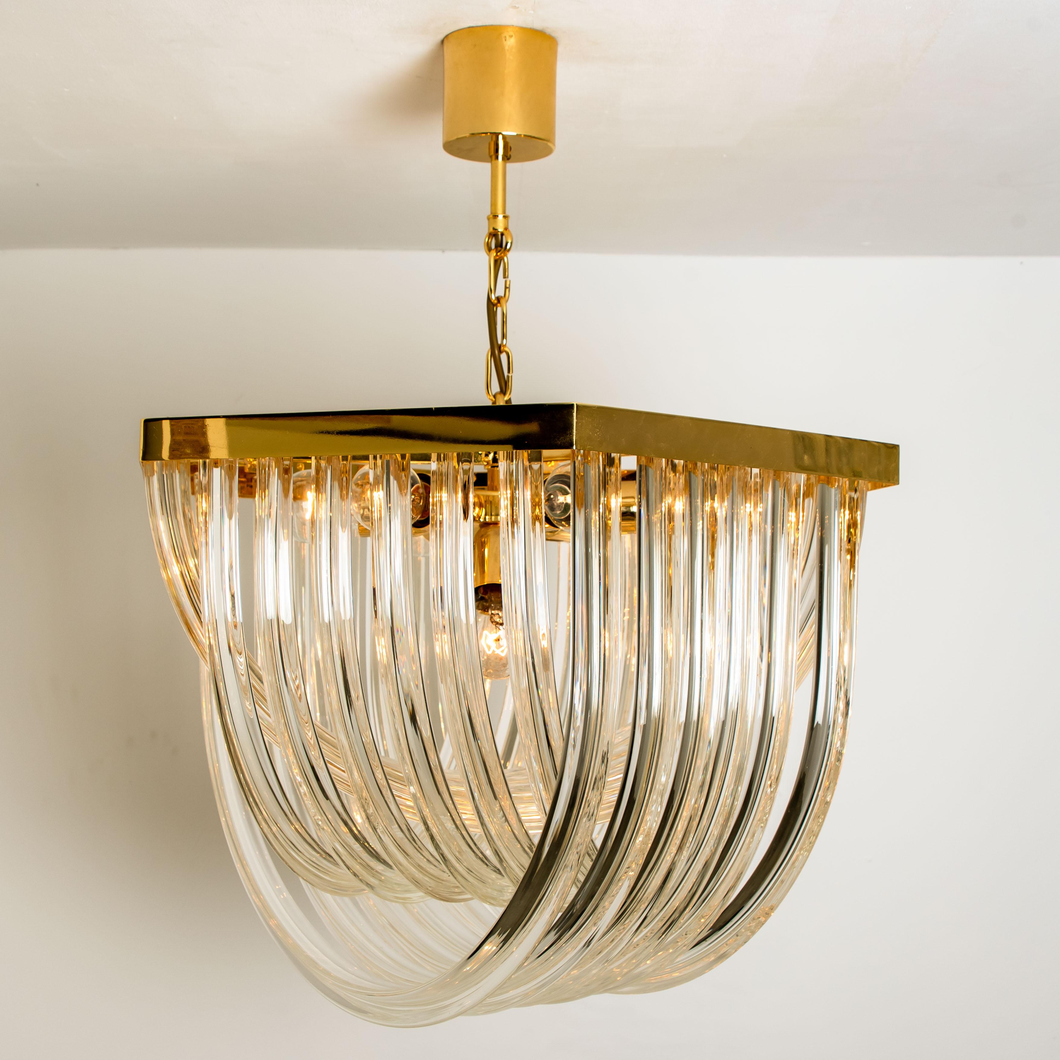 Italian Venini Light Fixture, Curved Crystal Glass and Gilt Brass, Italy