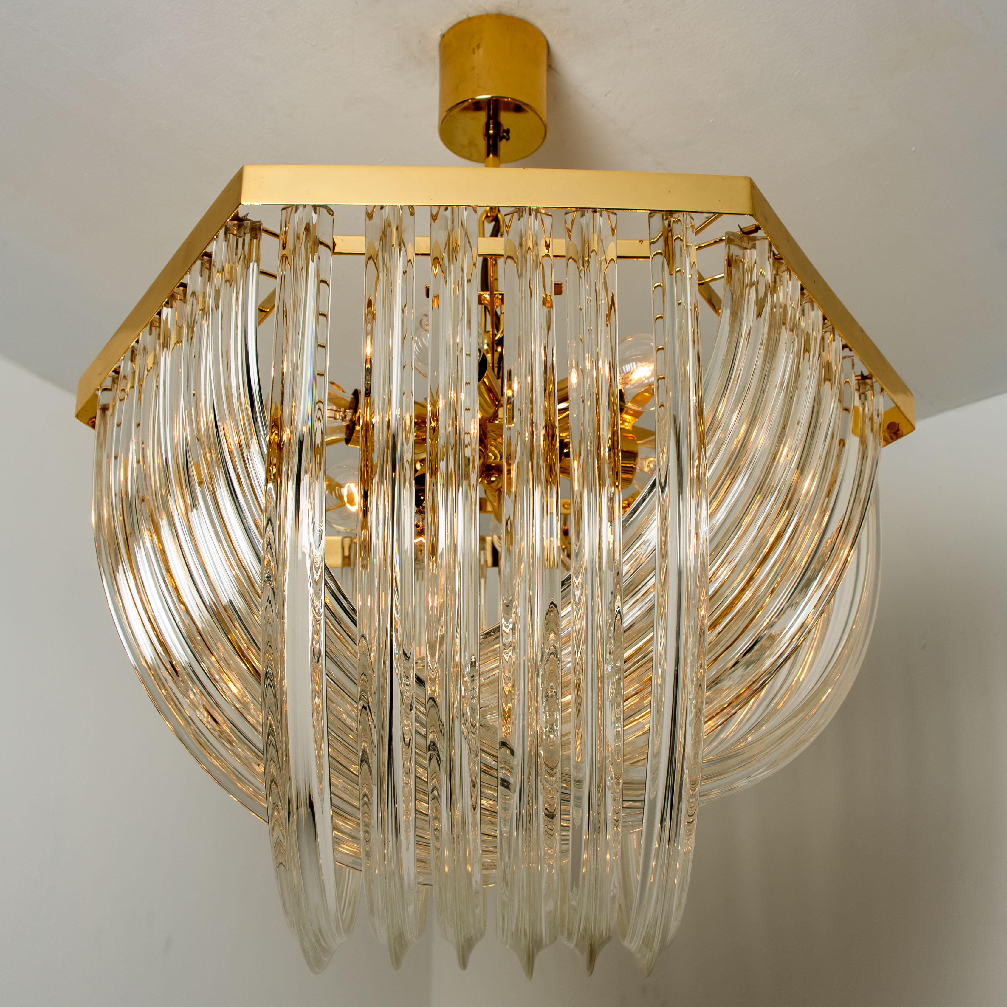 20th Century Venini Light Fixture, Curved Crystal Glass and Gilt Brass, Italy