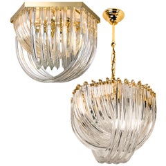 Venini Light Fixture, Curved Crystal Glass and Gilt Brass, Italy