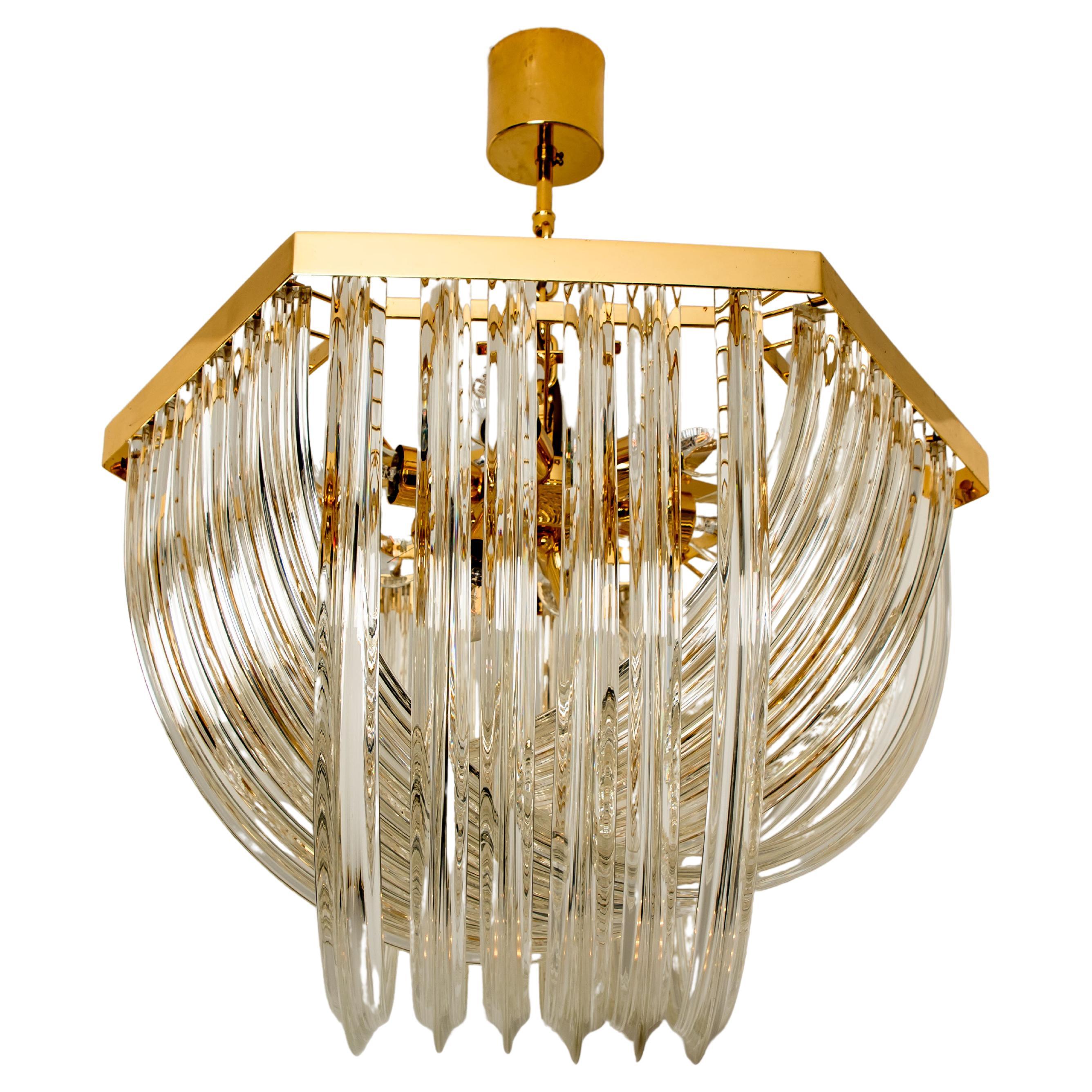 Venini Light Fixture, Curved Crystal Glass and Gilt Brass, Italy