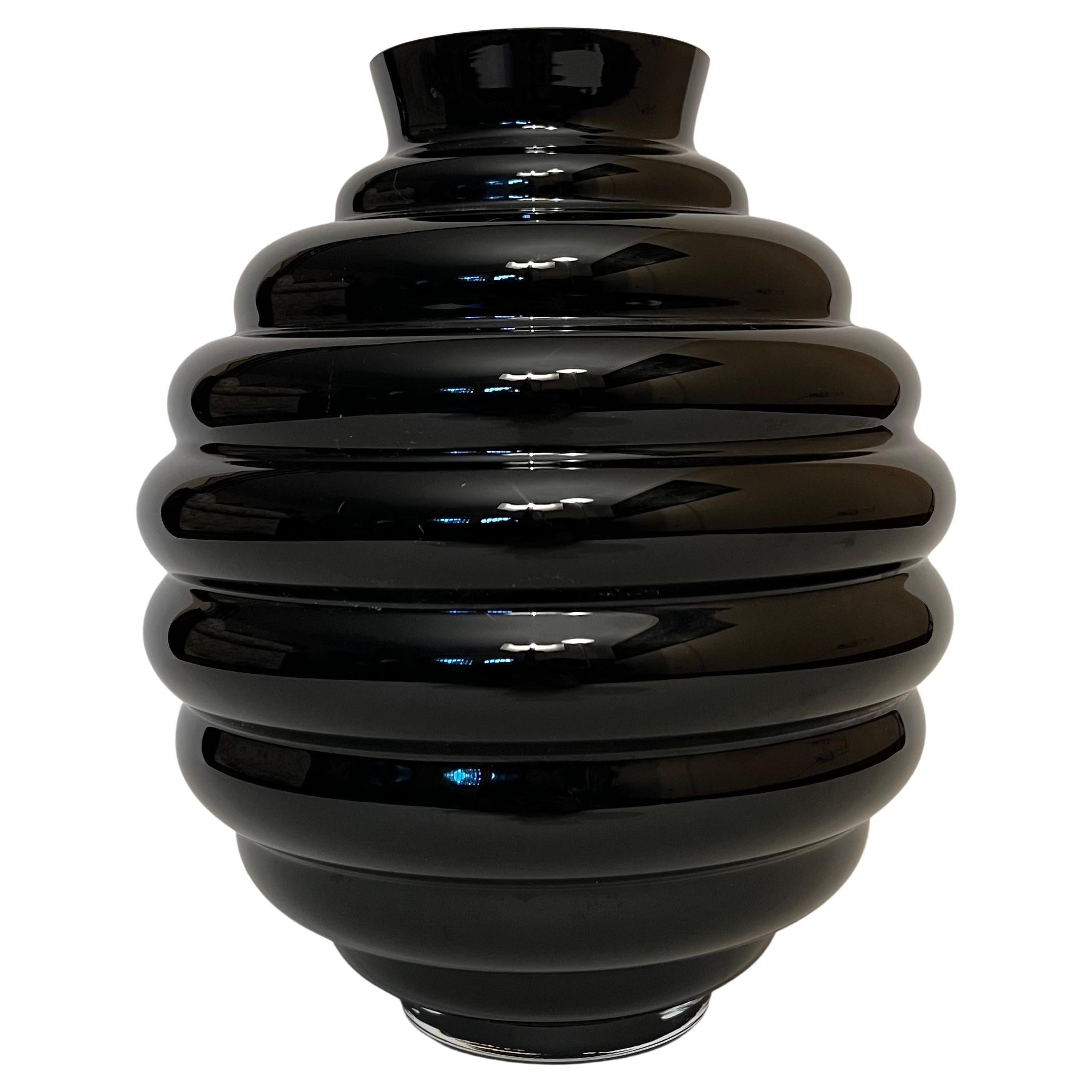 In-Style of Venini 1970s Black Opaline Blown Glass Vase For Sale