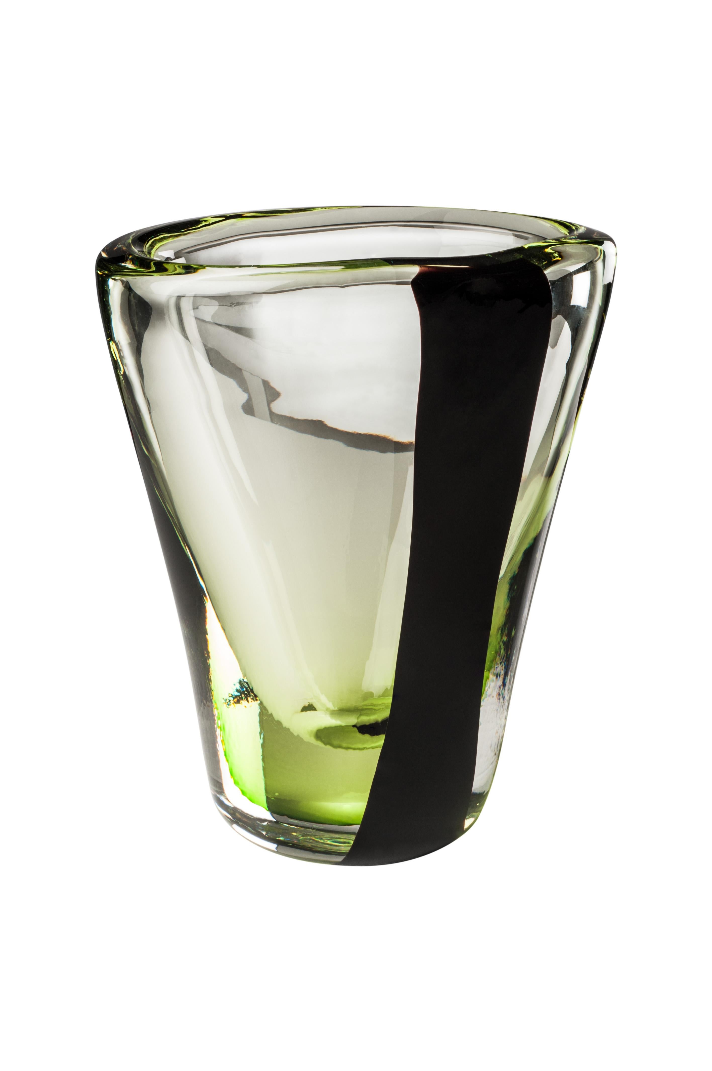 Venini glass vase in crystal and grass green with black decoration designed by Peter Marino in 2017. Perfect for indoor home decor as container or statement piece for any room. Also available in other colors on 1stdibs. Limited edition of only 349