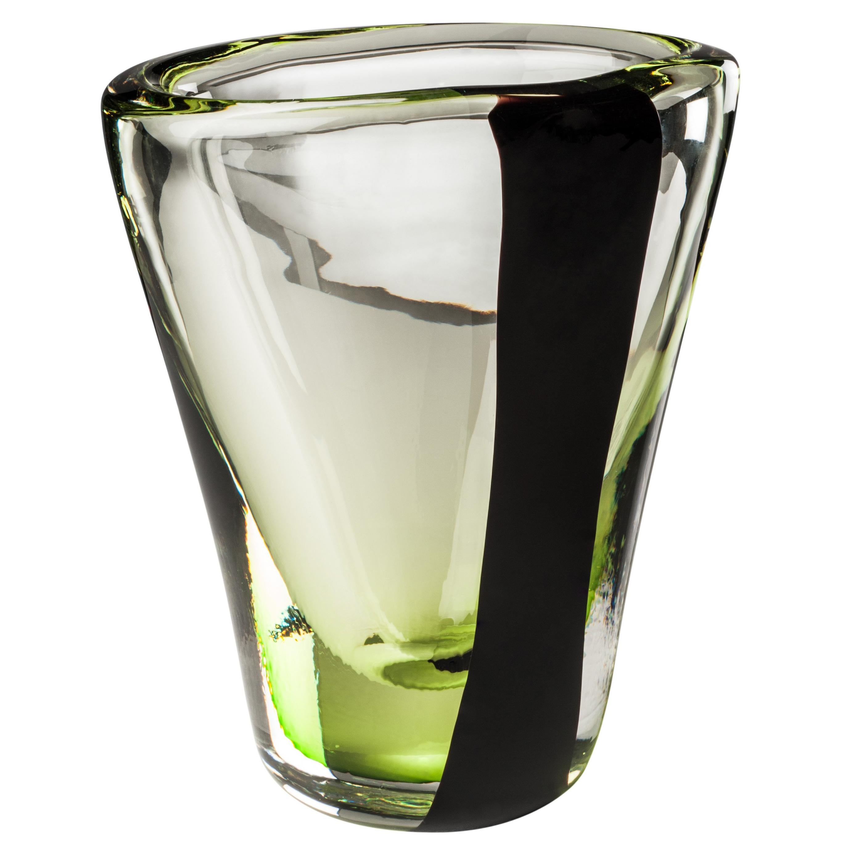 Venini Medium Black Belt Oval Glass Vase in Crystal and Green by Peter Marino