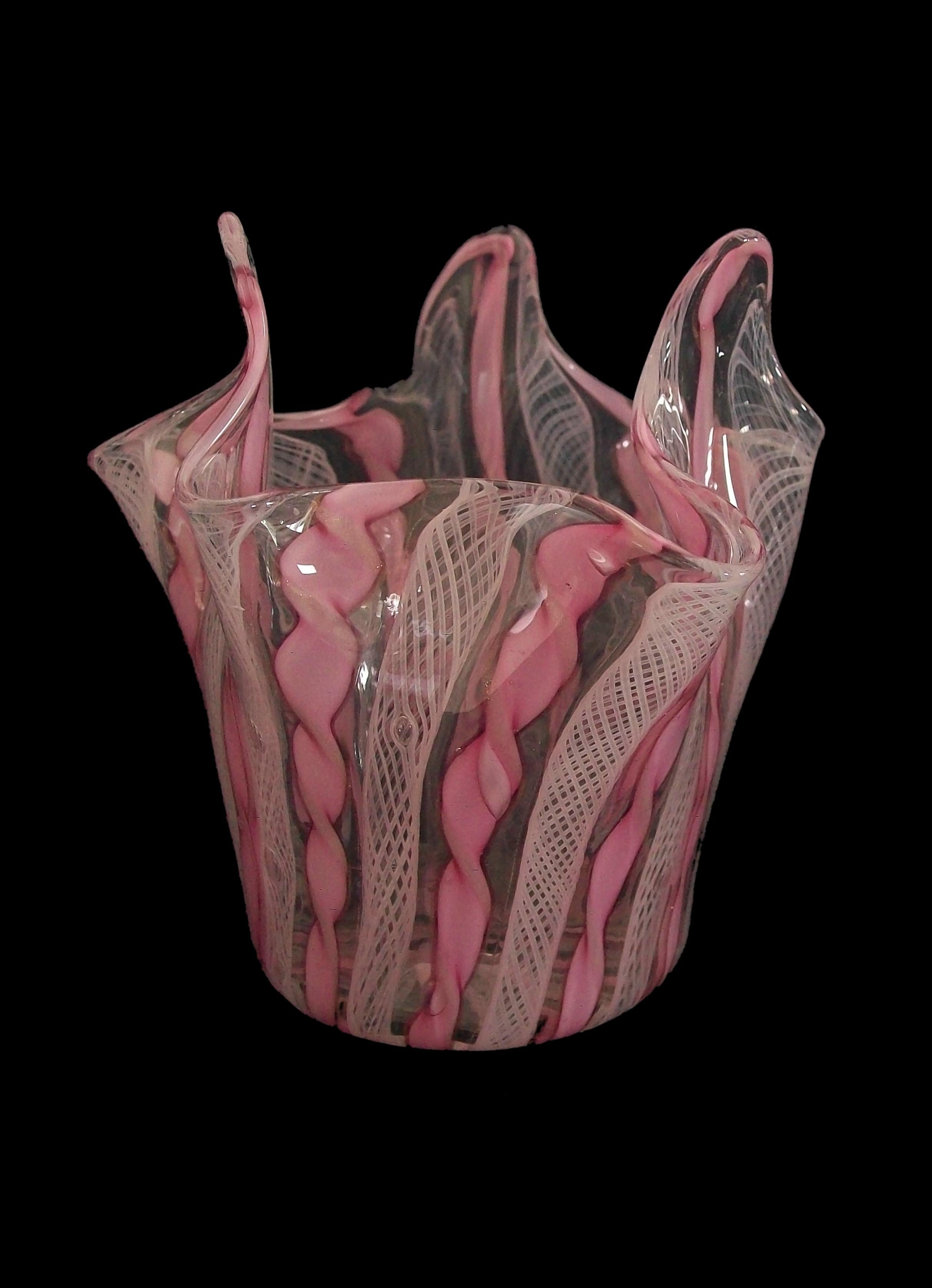 Mid-Century Modern Venini, Mid-Century Latticino Handkerchief Vase, Unsigned, Italy, C.1950 For Sale