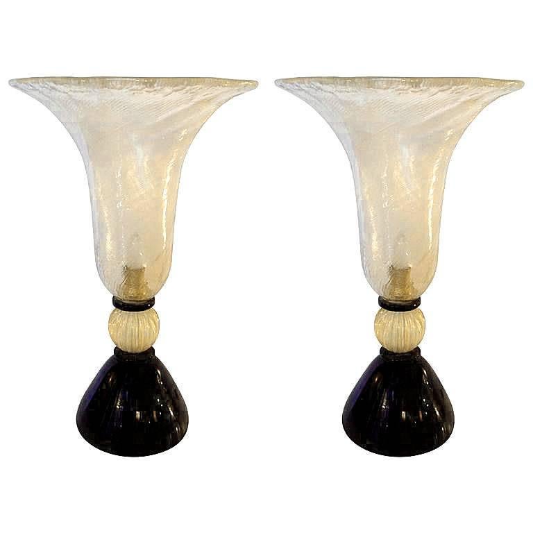 Venini Mid-Century Modern Clear Gold and Black Murano Glass Urn Pair of Lamps