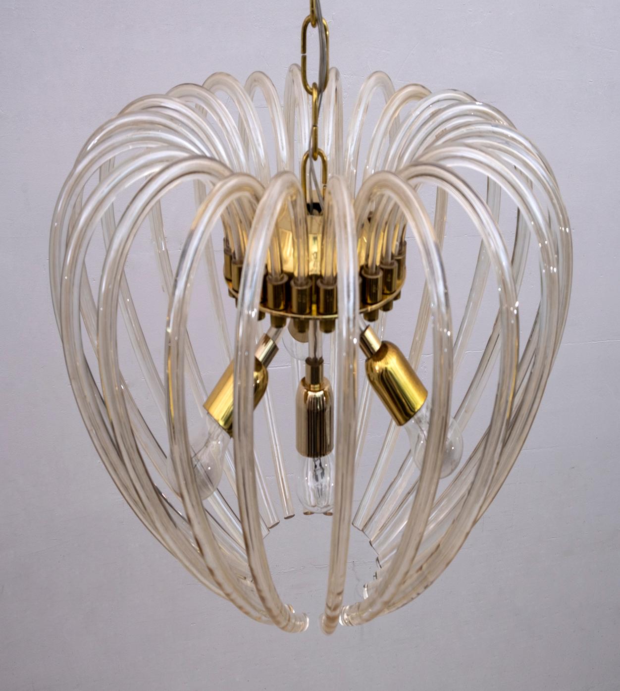 Venini Mid-Century Modern Italian Murano Glass and Brass Chandelier, 1950s For Sale 2