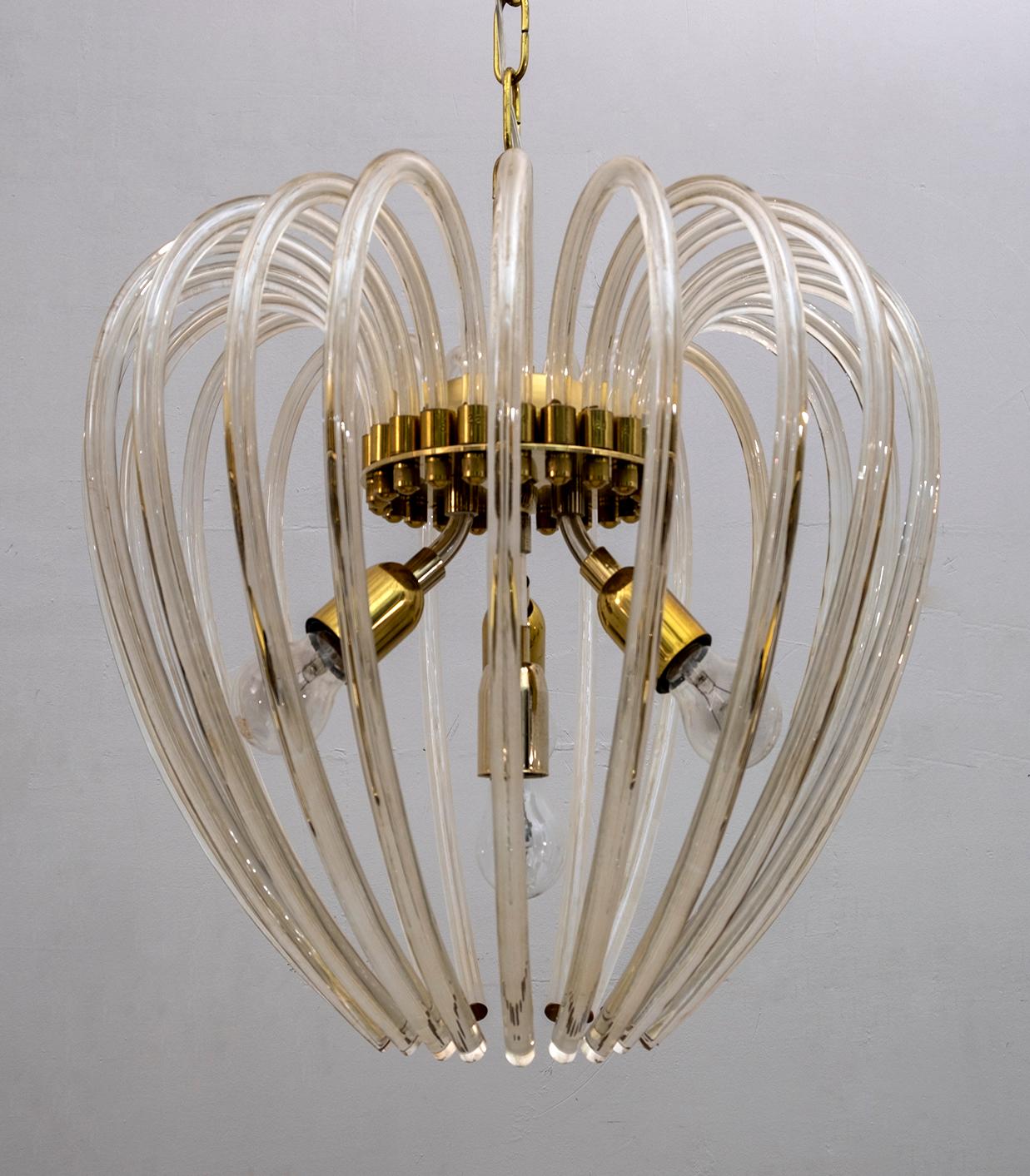 Venini Mid-Century Modern Italian Murano Glass and Brass Chandelier, 1950s For Sale 3