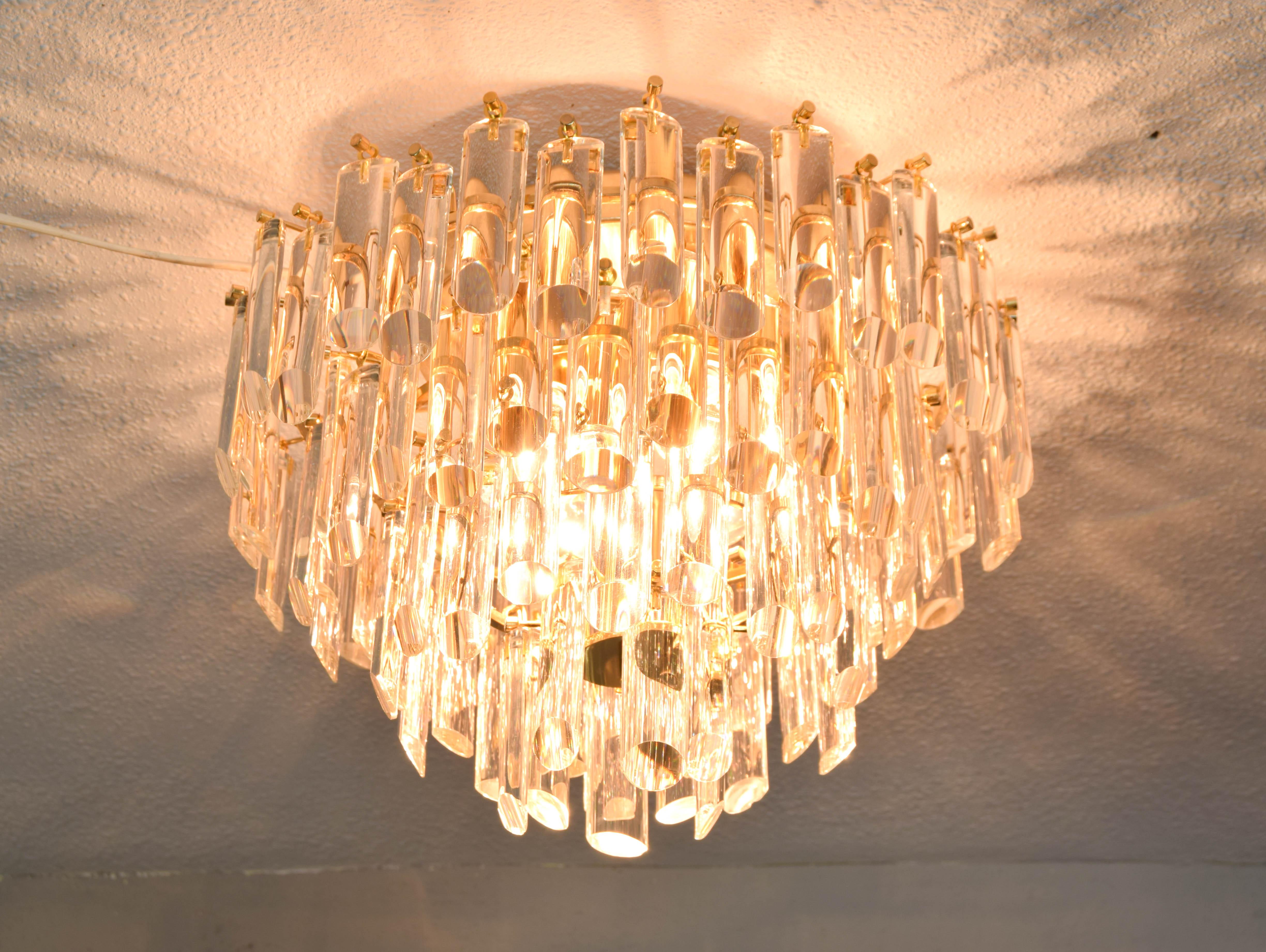 Venini MidCentury Italian Modern Four Tall Crystal Murano Flush Mount Chandelier 4