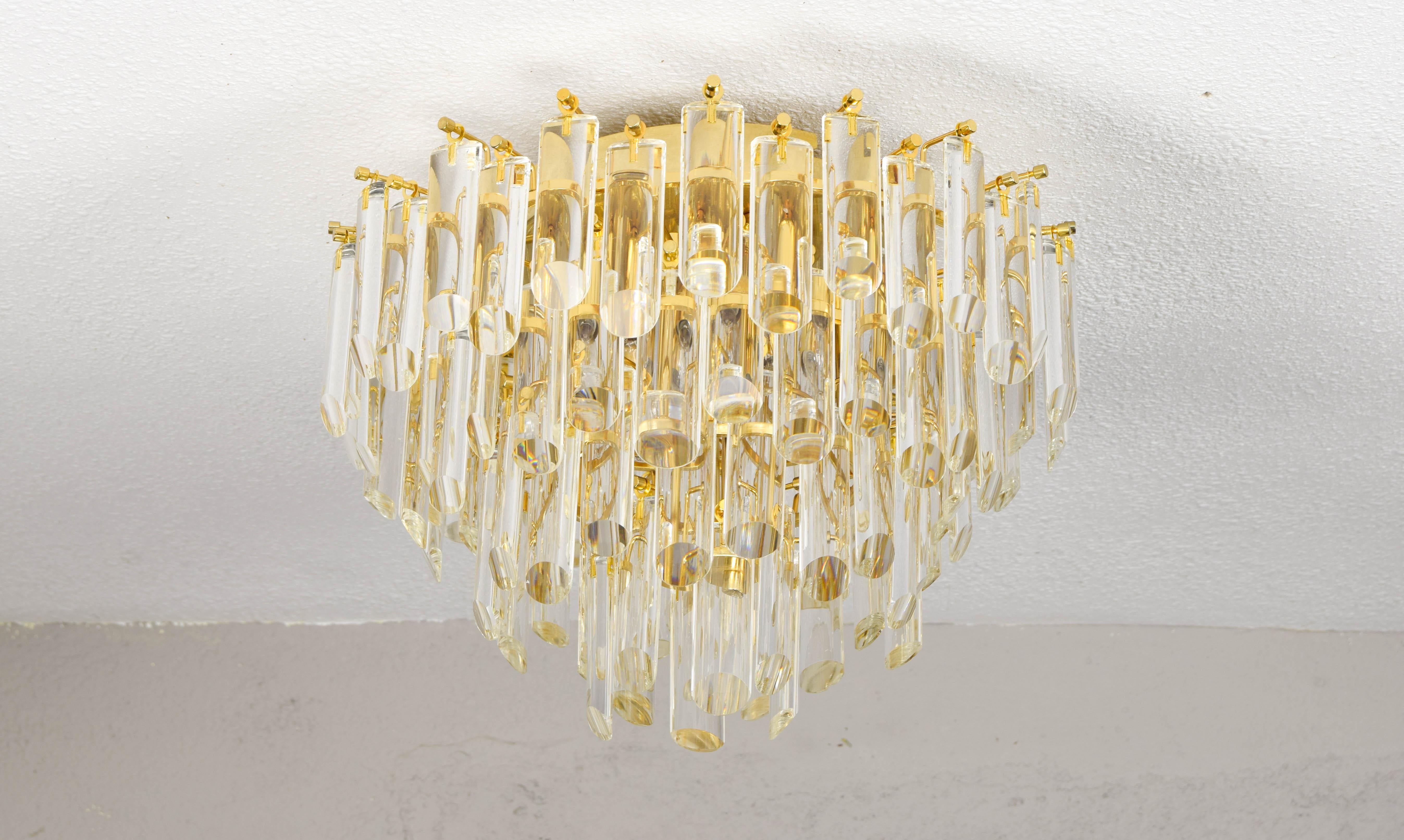Venini MidCentury Italian Modern Four Tall Crystal Murano Flush Mount Chandelier In Good Condition In Escalona, Toledo