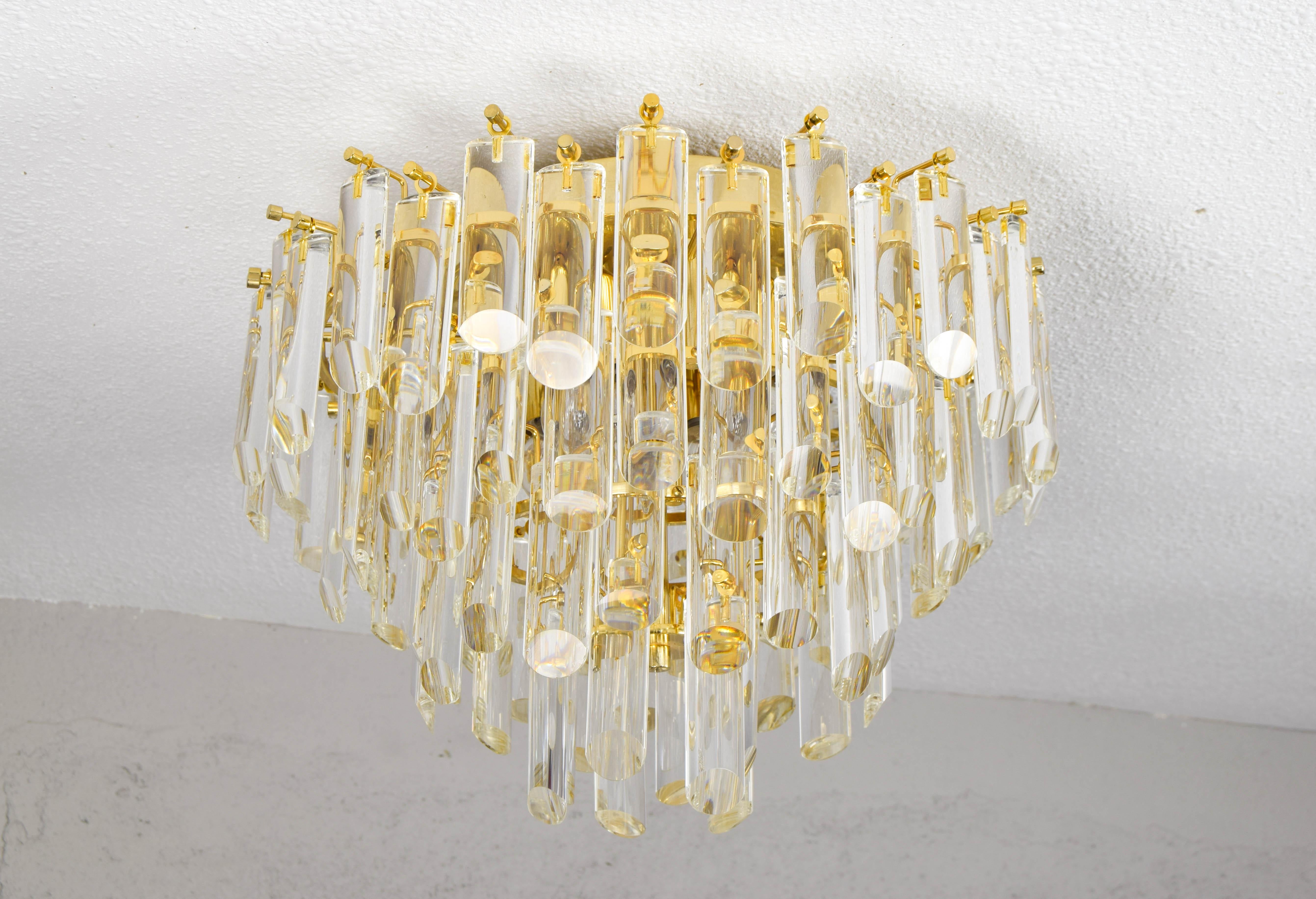 Brass Venini MidCentury Italian Modern Four Tall Crystal Murano Flush Mount Chandelier