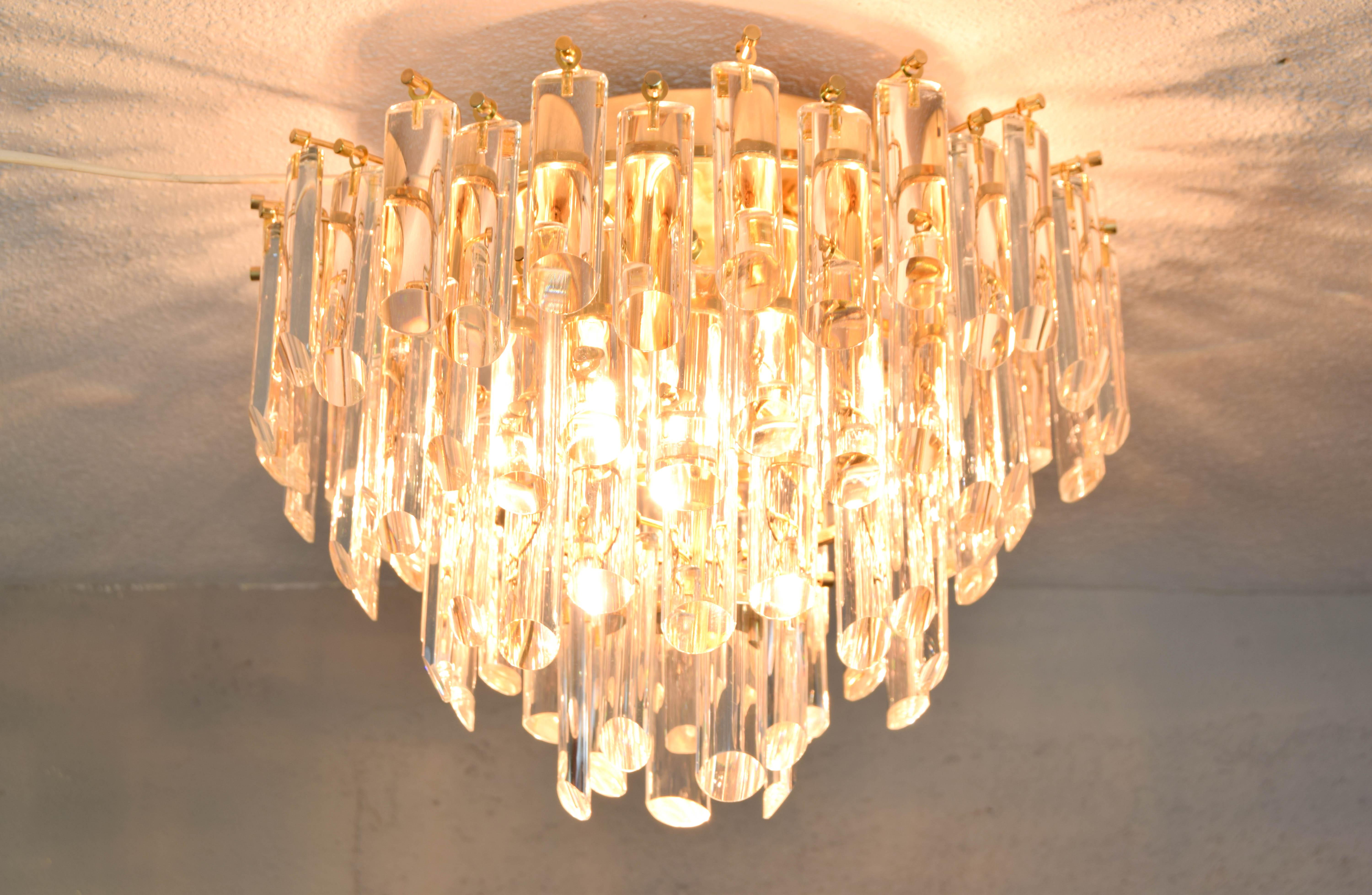 Venini MidCentury Italian Modern Four Tall Crystal Murano Flush Mount Chandelier 1